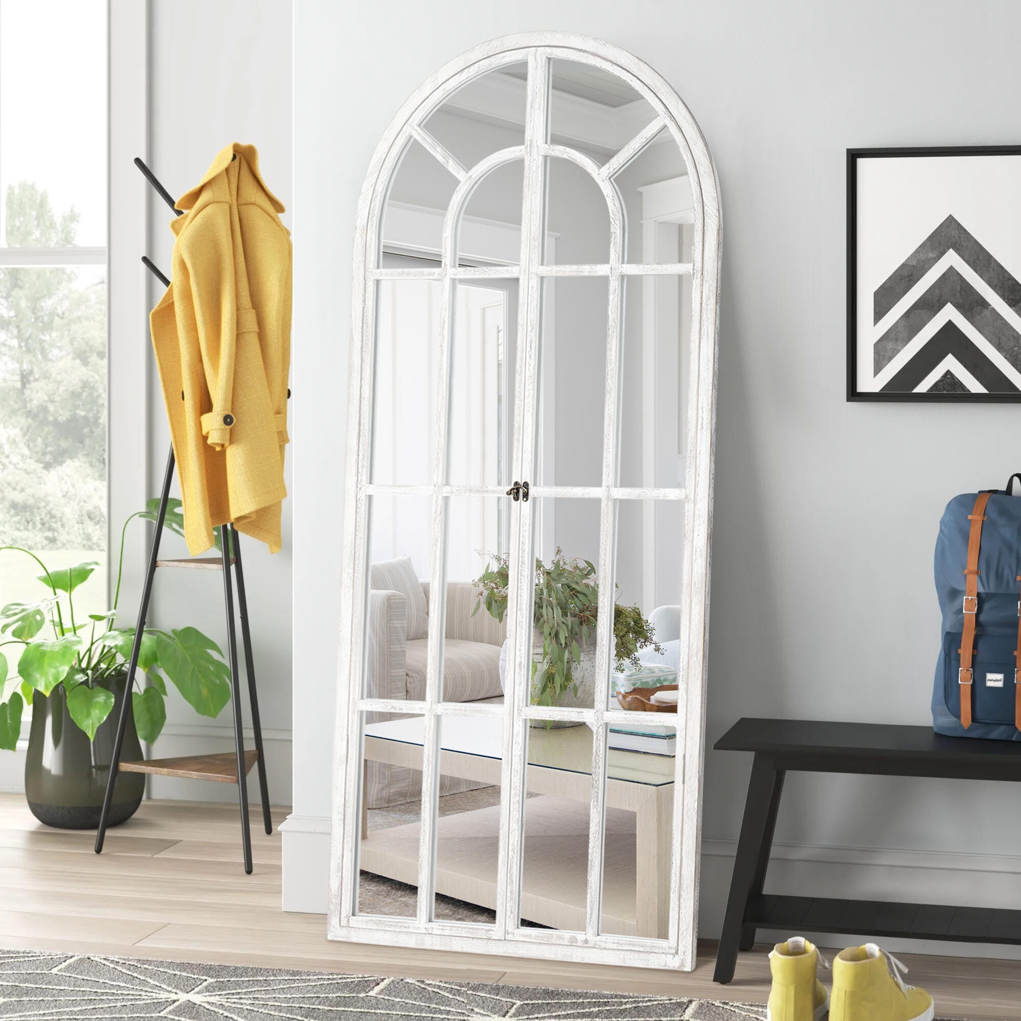 Feronia 31" x 71" Arched Floor Mirror, White, large
