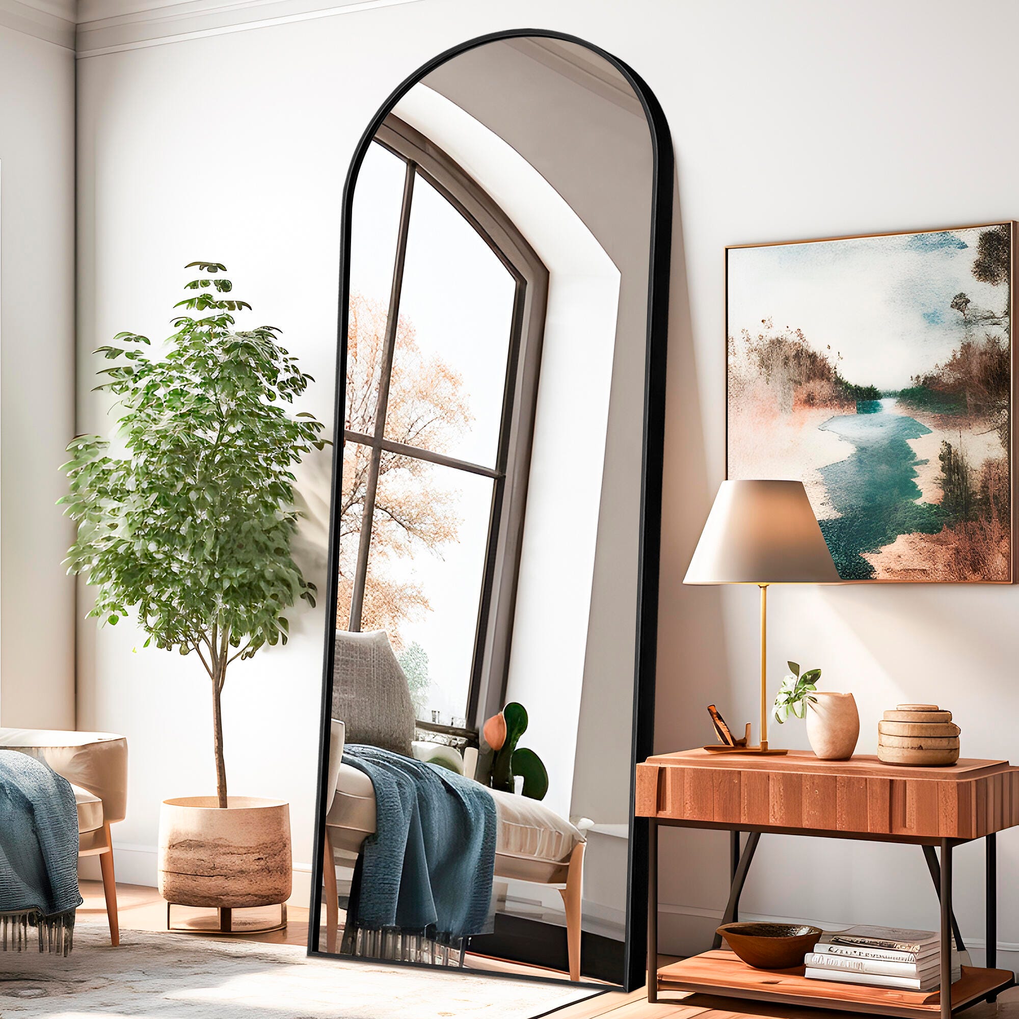 Dulcea 21" x 64" Full Length Arched Floor Mirror, Black, large