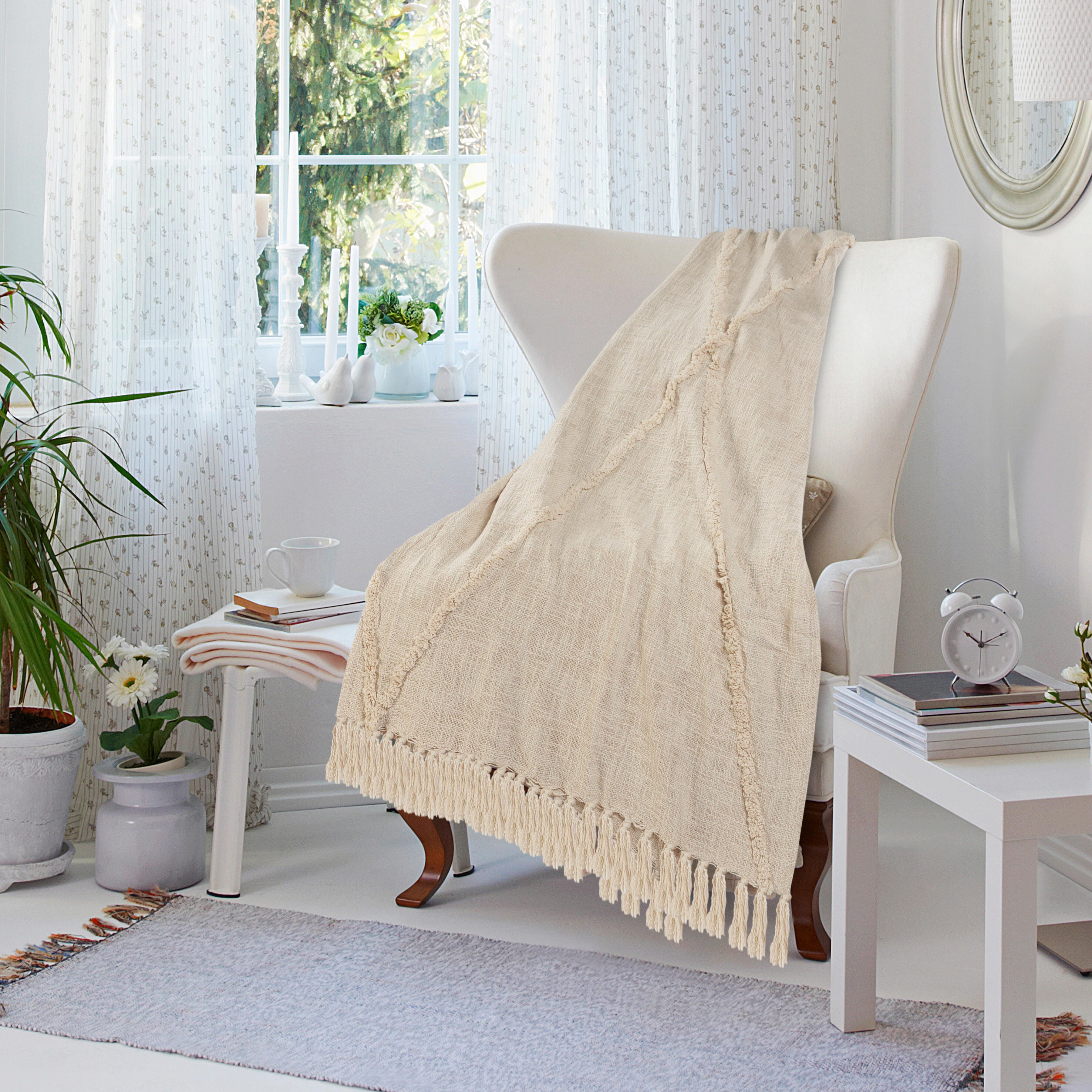 Diamond Solid Throw Blanket, Cream, large