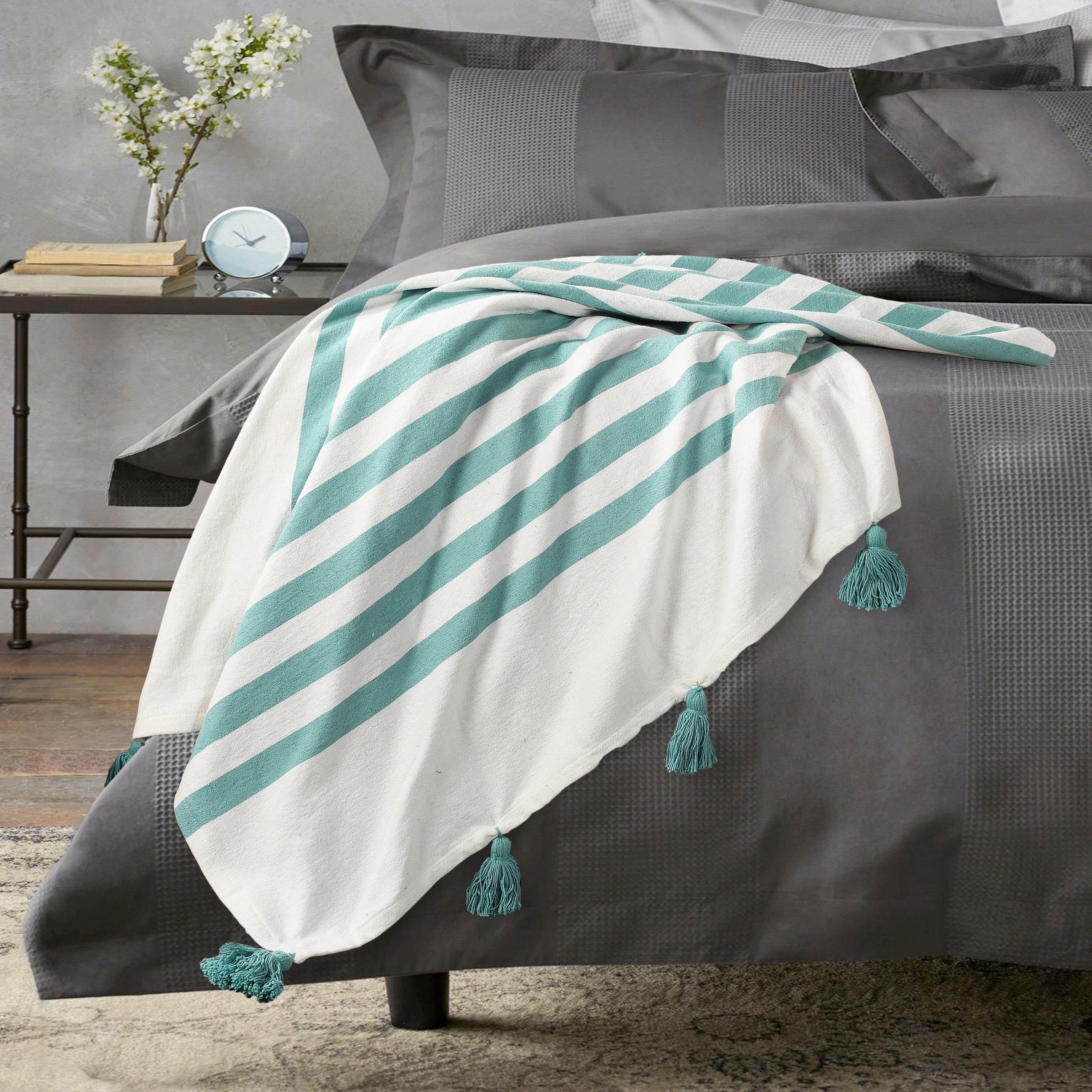 Harbor Striped Throw Blanket, Aqua Blue, large
