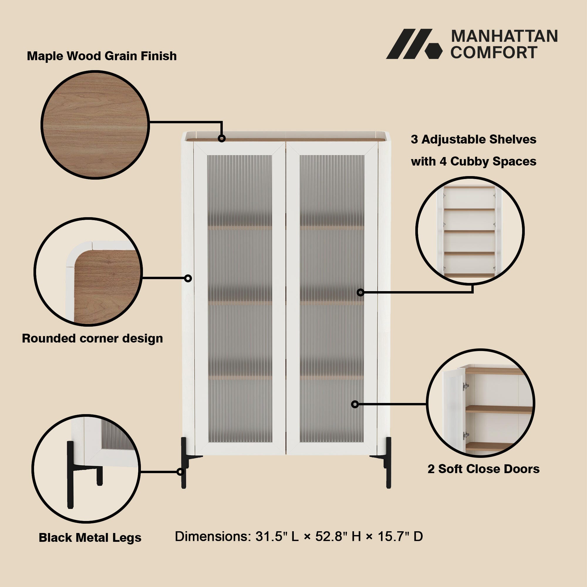 Manhattan Comfort Abbey 32" Ribbed Tempered Glass Door Accent Cabinet, Maple/Off White, large