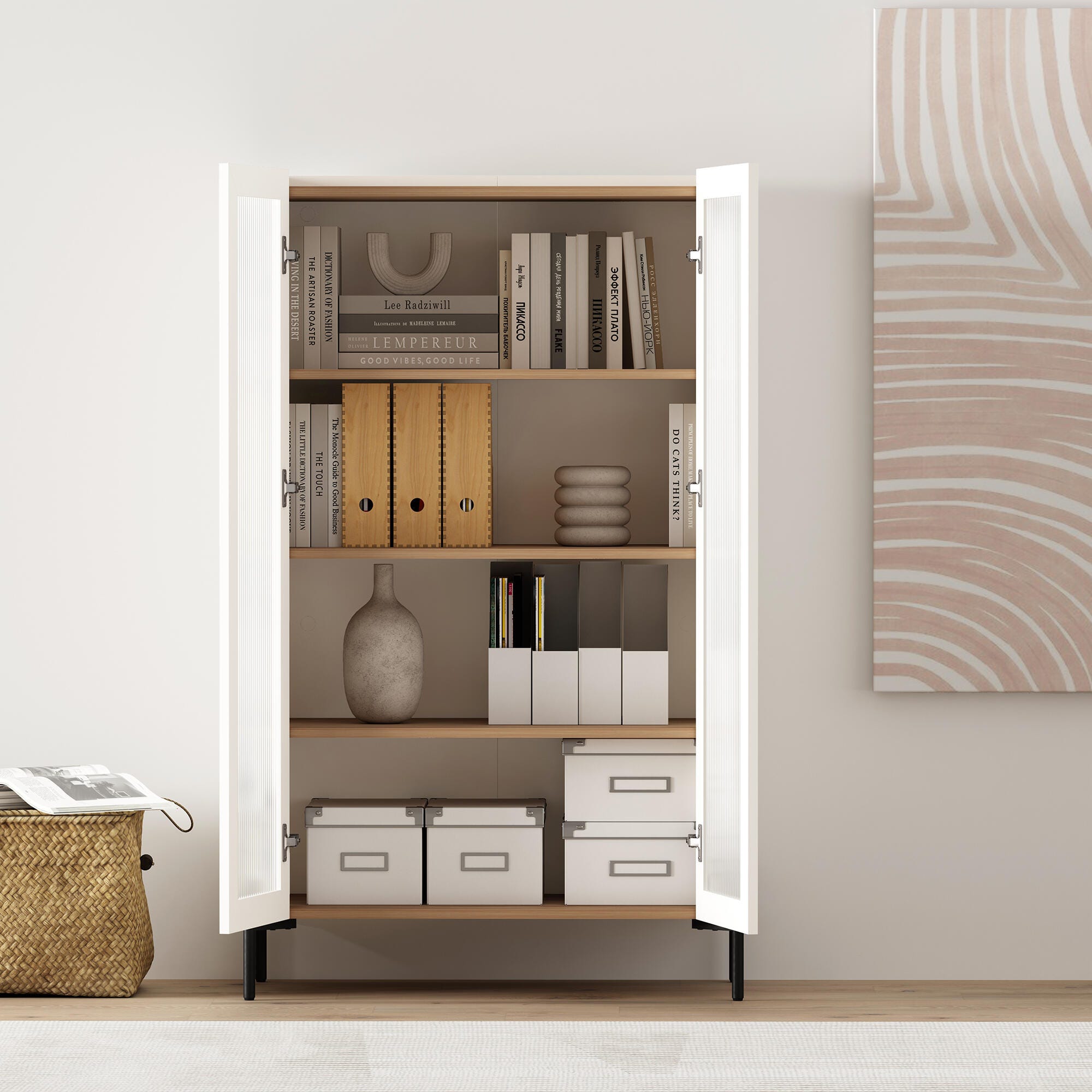 Manhattan Comfort Abbey 32" Ribbed Tempered Glass Door Accent Cabinet, Maple/Off White, large