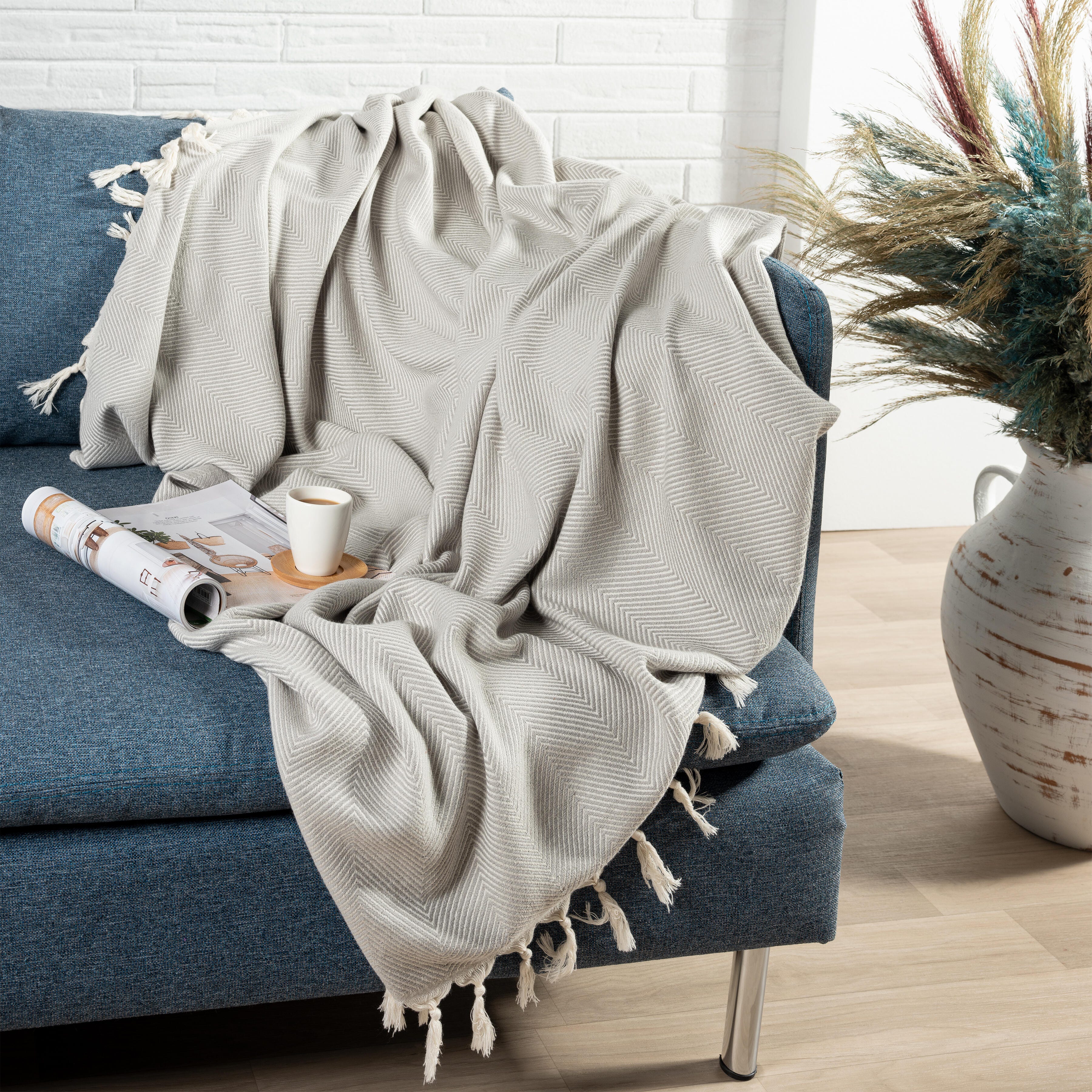 Avery Herringbone Throw Blanket, Gray, large