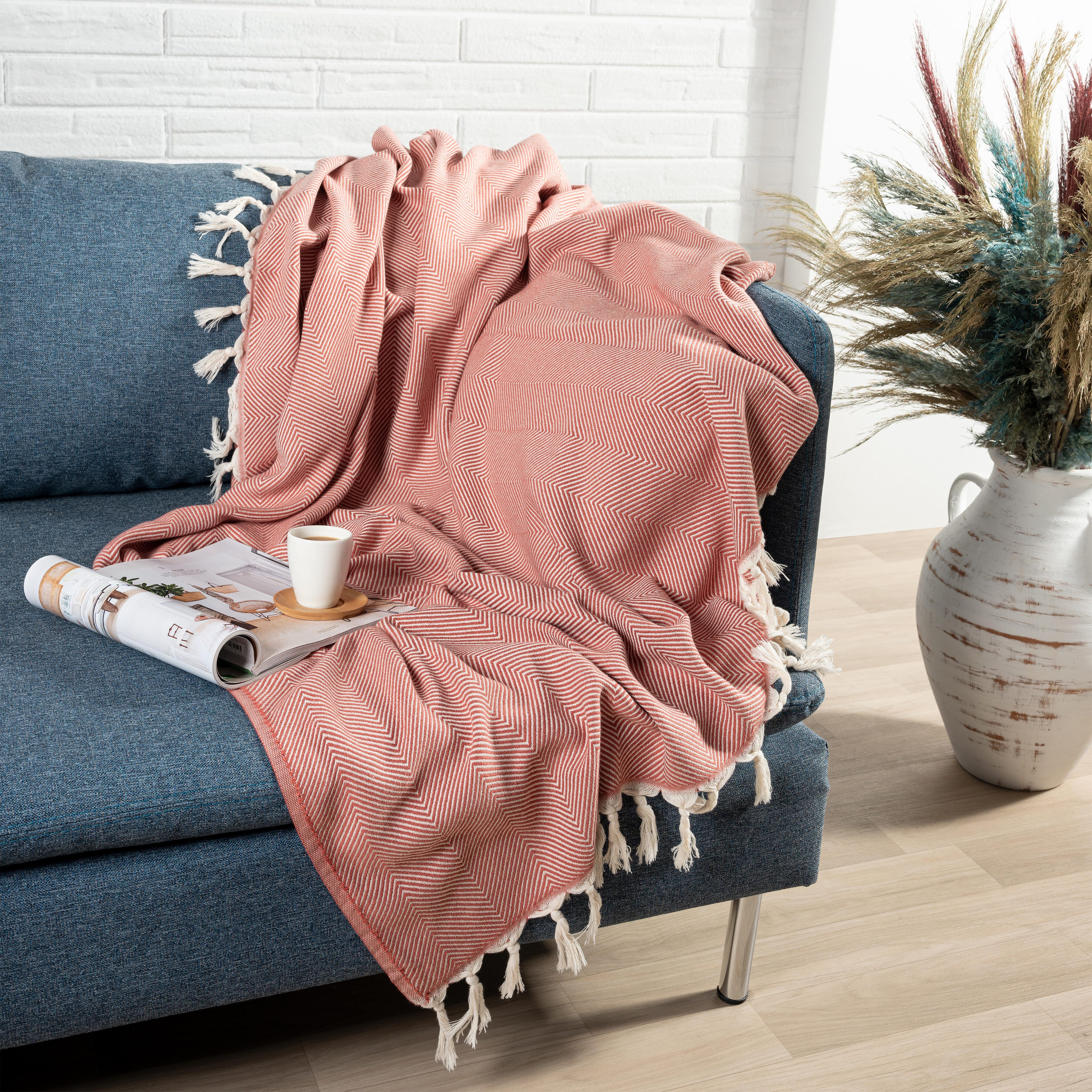 Avery Herringbone Throw Blanket, Orange, large