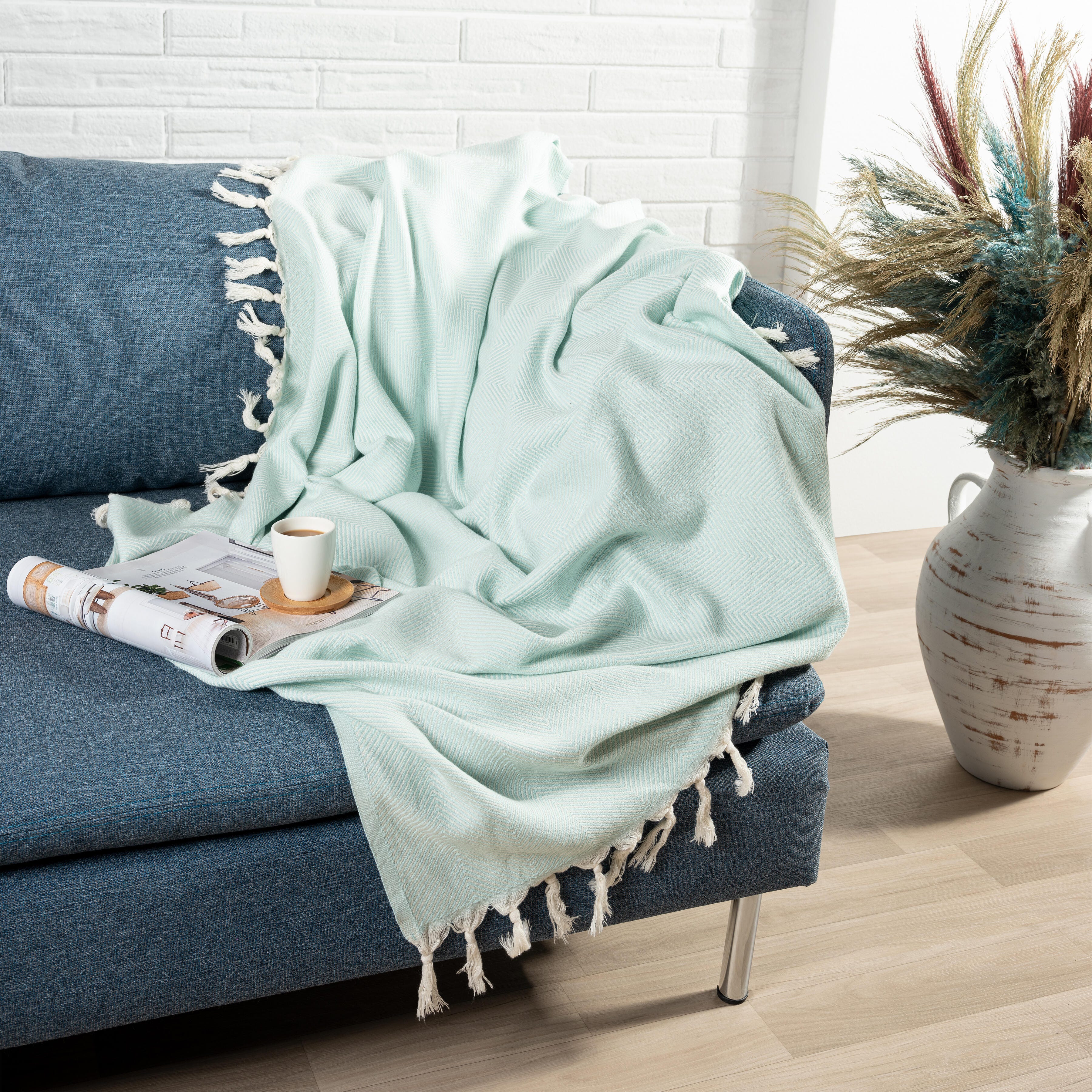 Avery Herringbone Throw Blanket, Light Blue, large