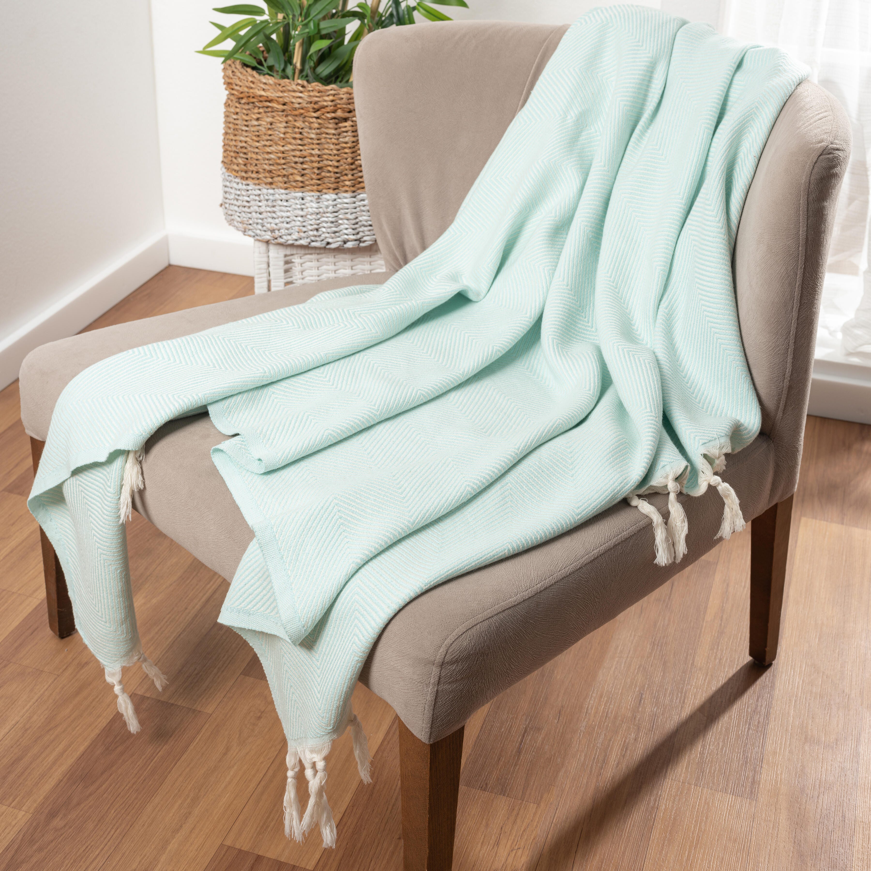 Avery Herringbone Throw Blanket, Light Blue, large