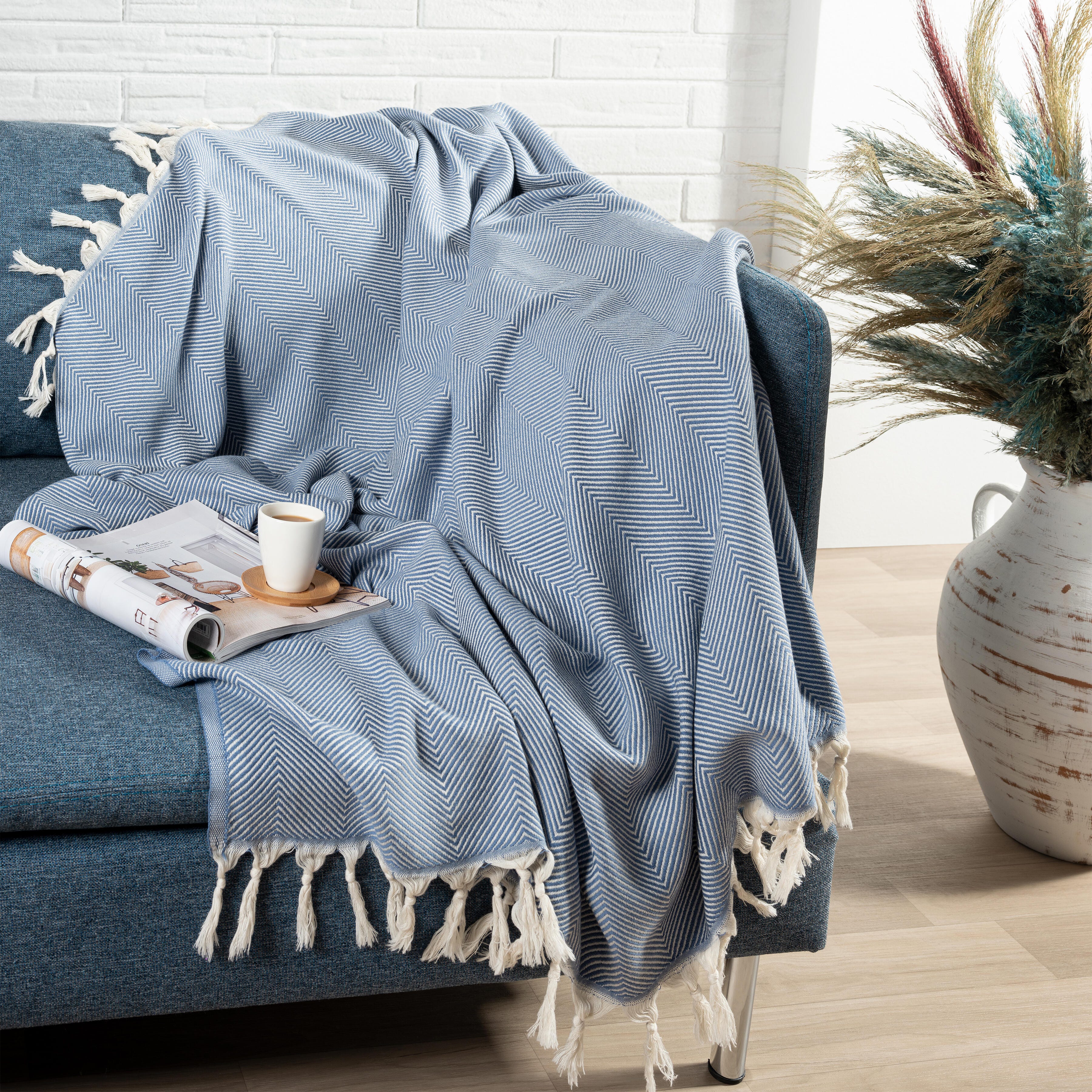 Avery Herringbone Throw Blanket, Blue, large
