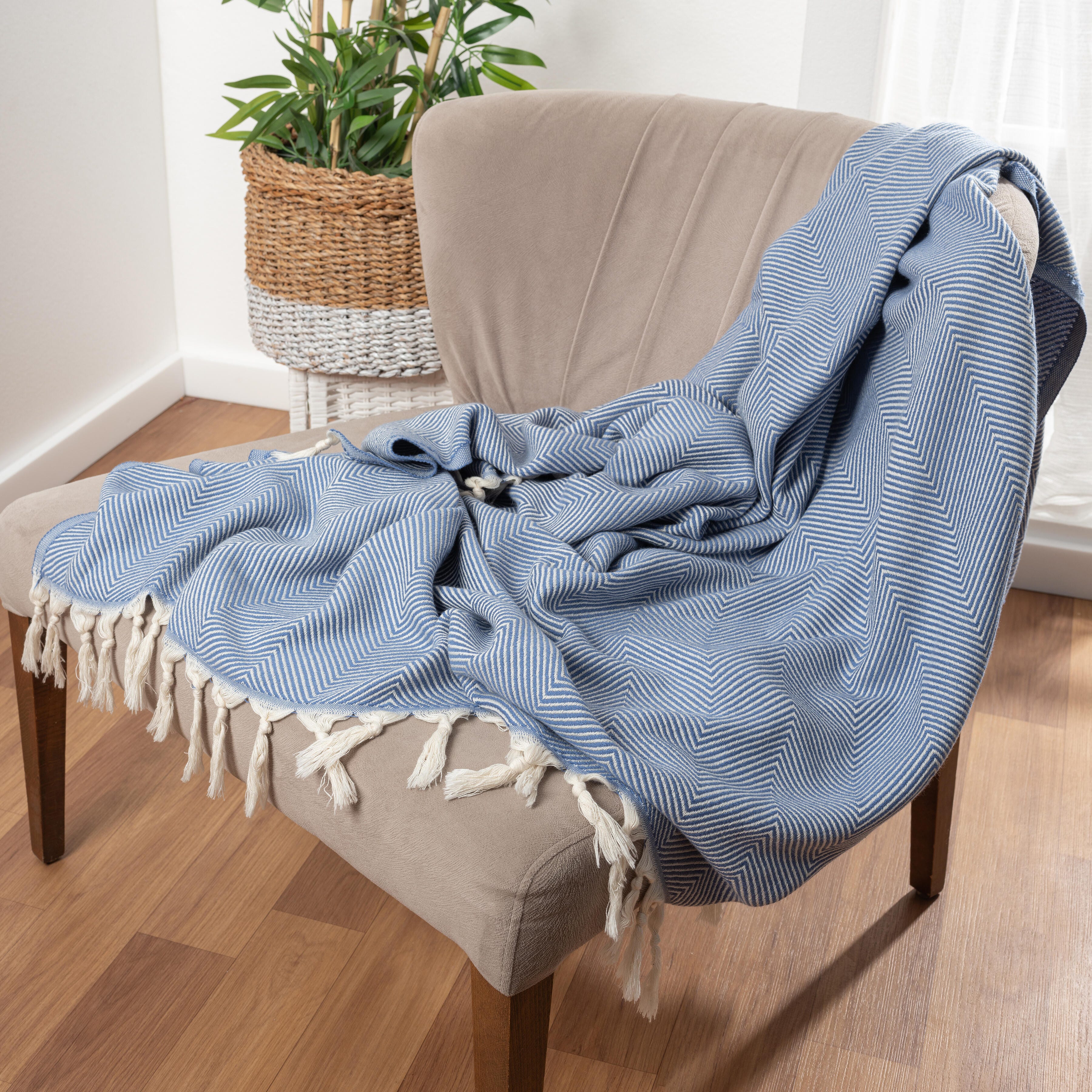 Avery Herringbone Throw Blanket, Blue, large