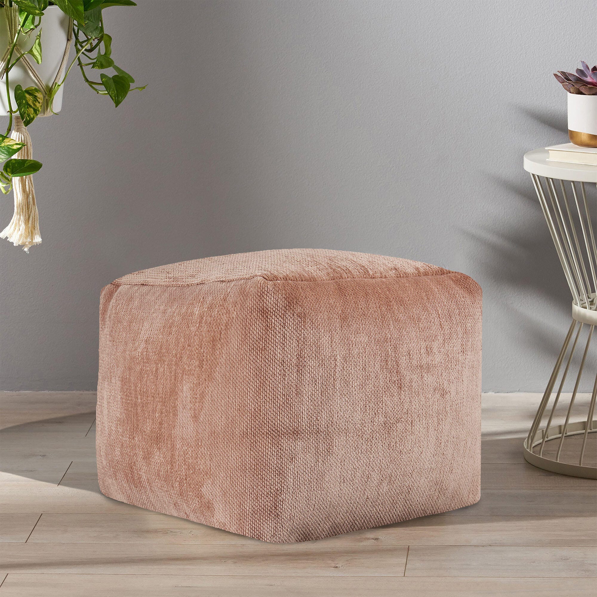 Yakar Solid Chenille Pouf, Beige, large