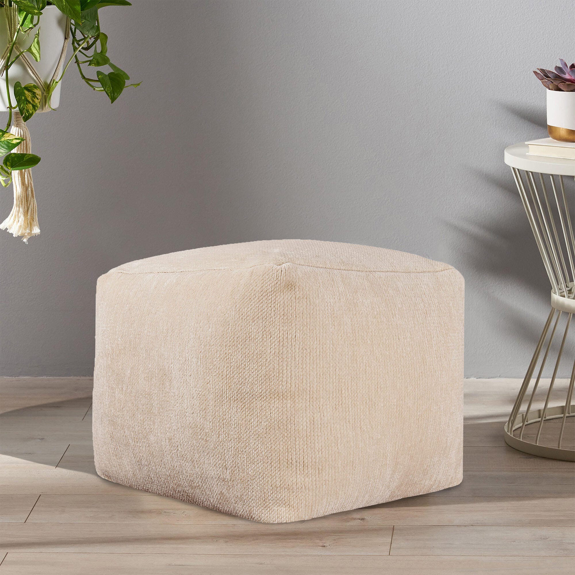 Yakar Solid Chenille Pouf, Ivory, rollover