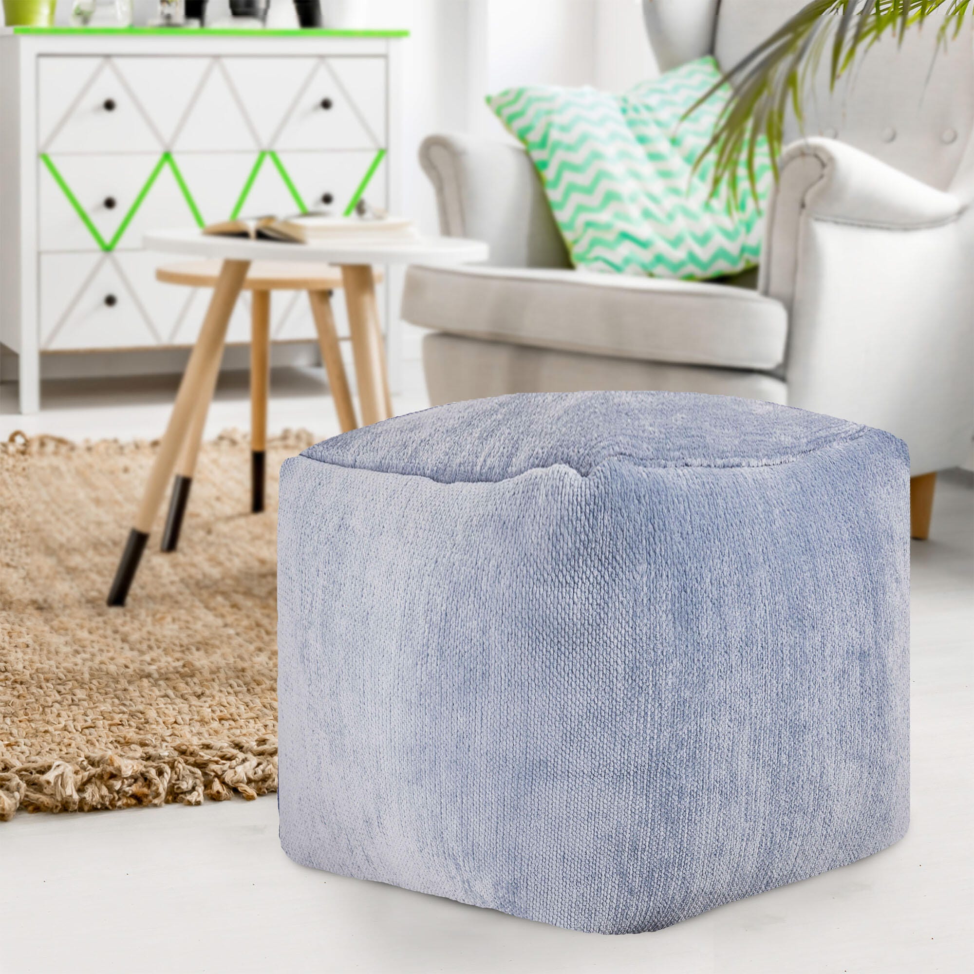Yakar Solid Chenille Pouf, Light Blue, large