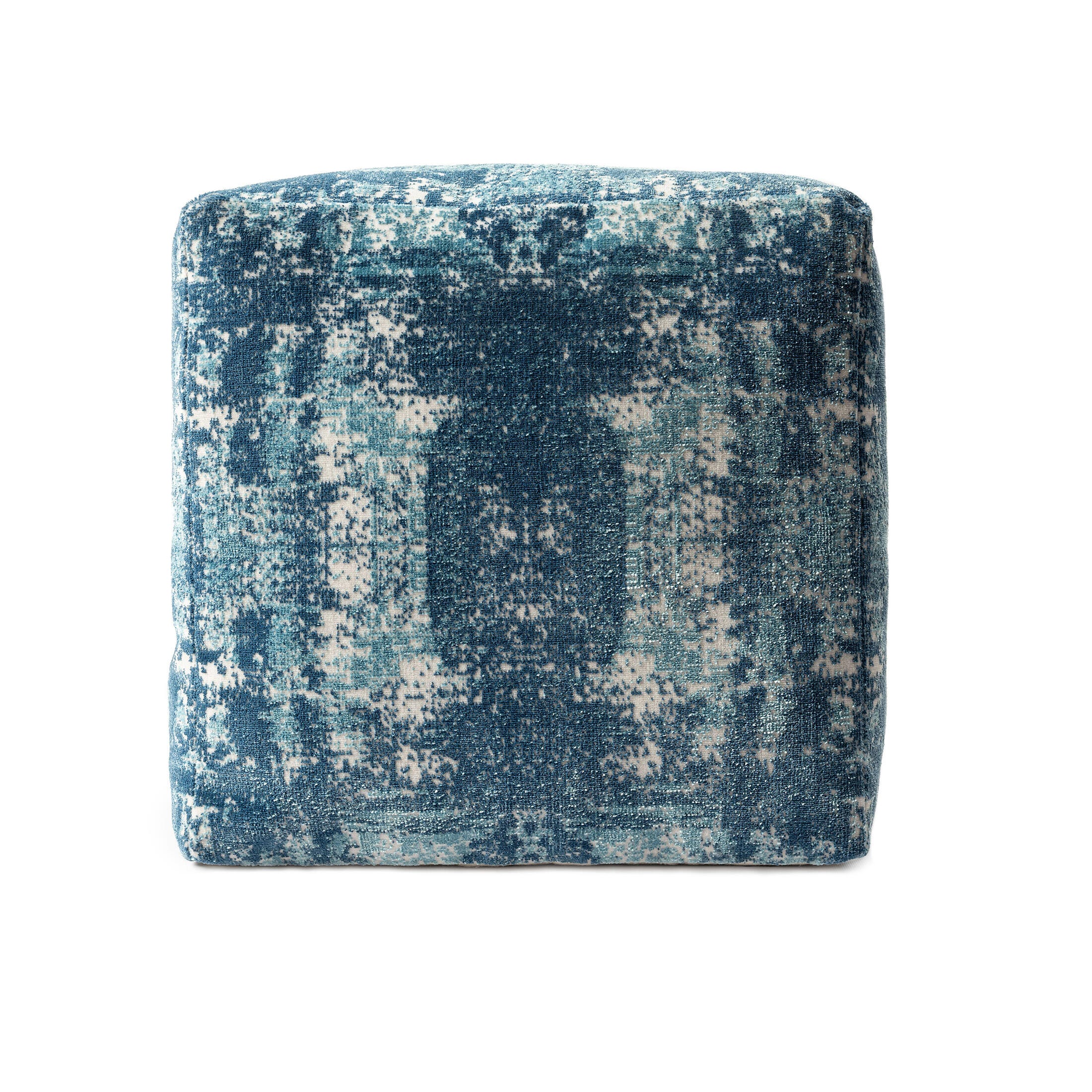 Milano Distressed Medallion Pouf, Blue, large