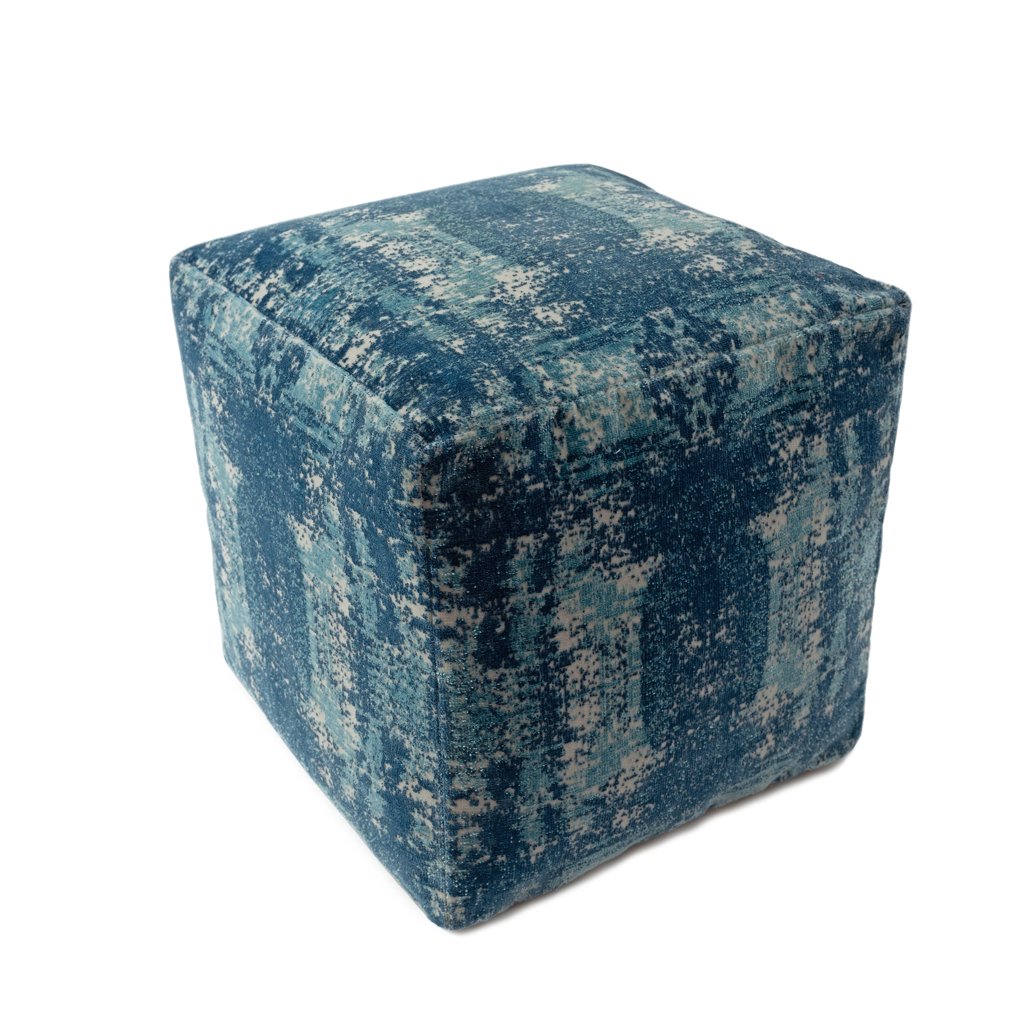 Milano Distressed Medallion Pouf, Blue, large