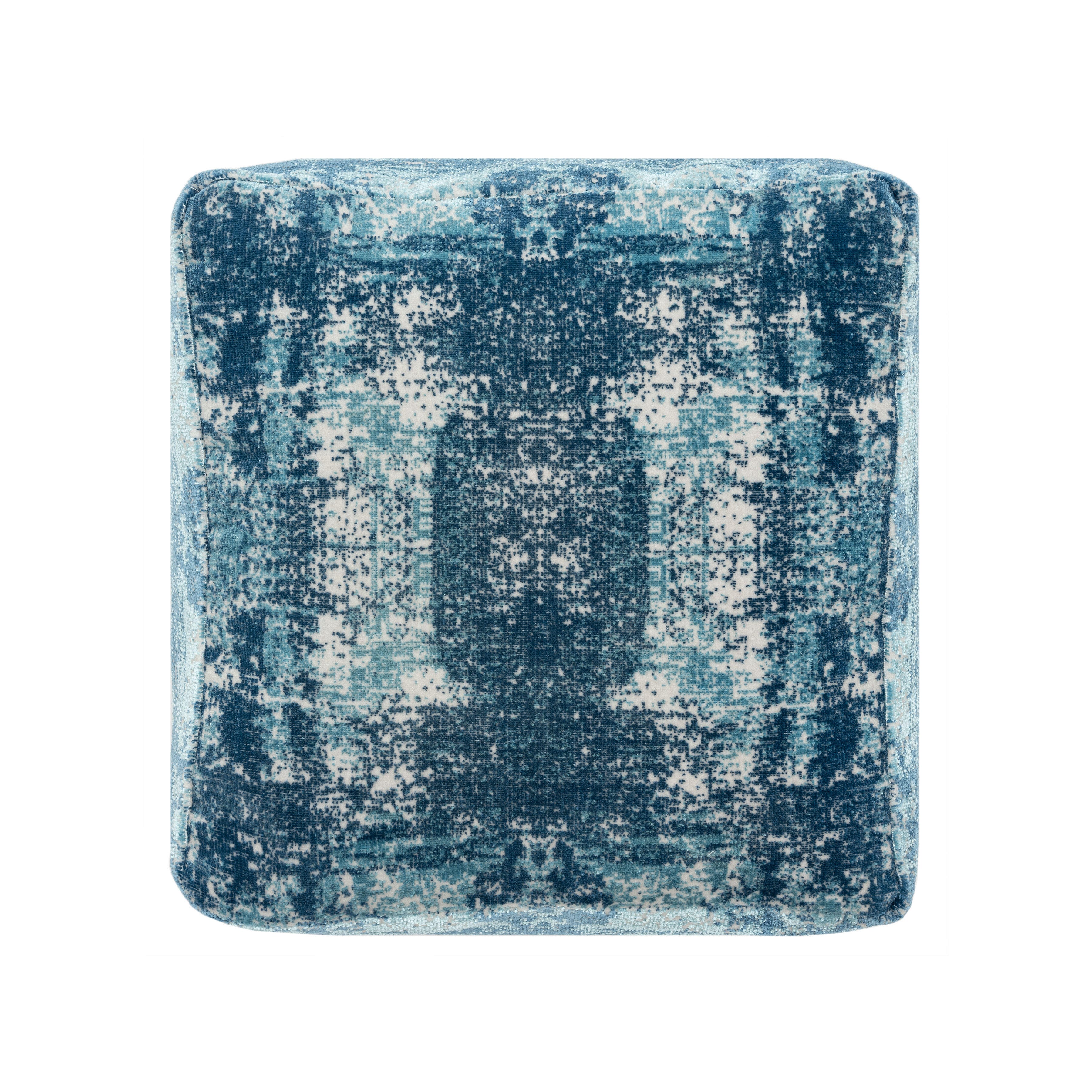 Milano Distressed Medallion Pouf, Blue, large
