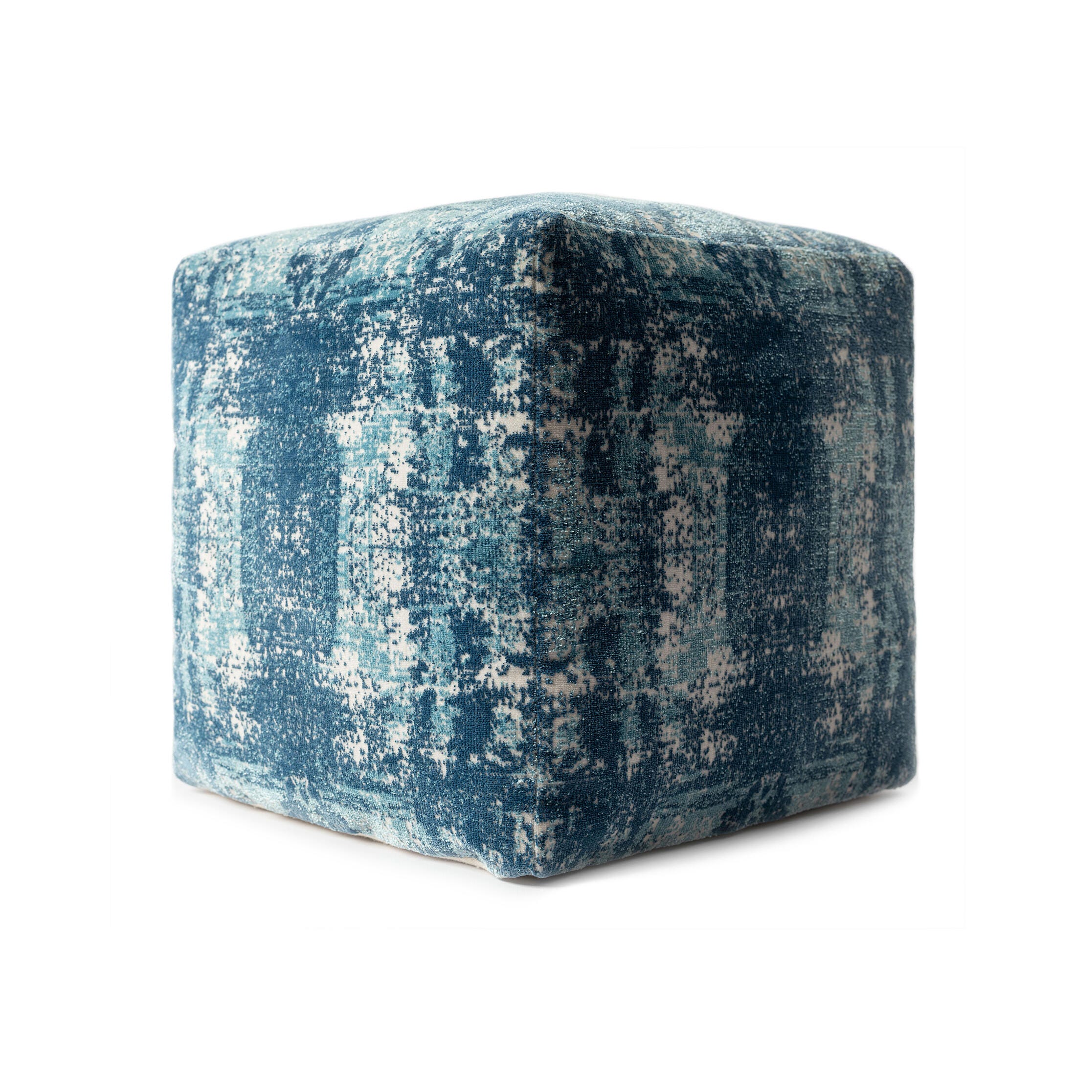 Milano Distressed Medallion Pouf, Blue, large
