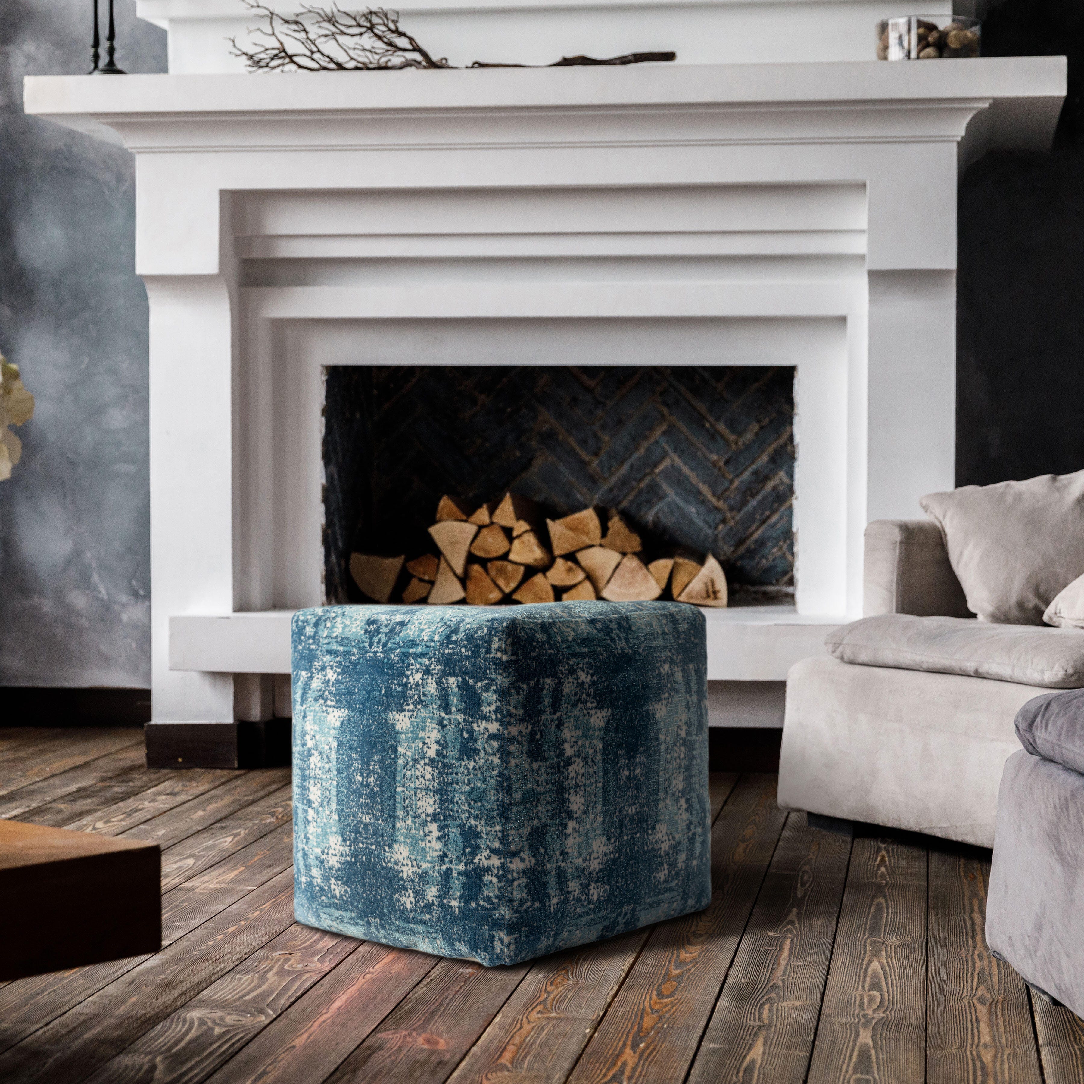 Milano Distressed Medallion Pouf, Blue, large