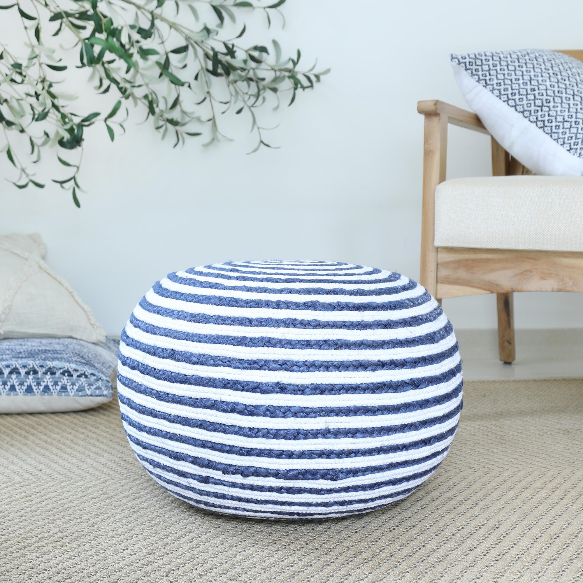 Serena Striped Braided Pouf, Blue, large