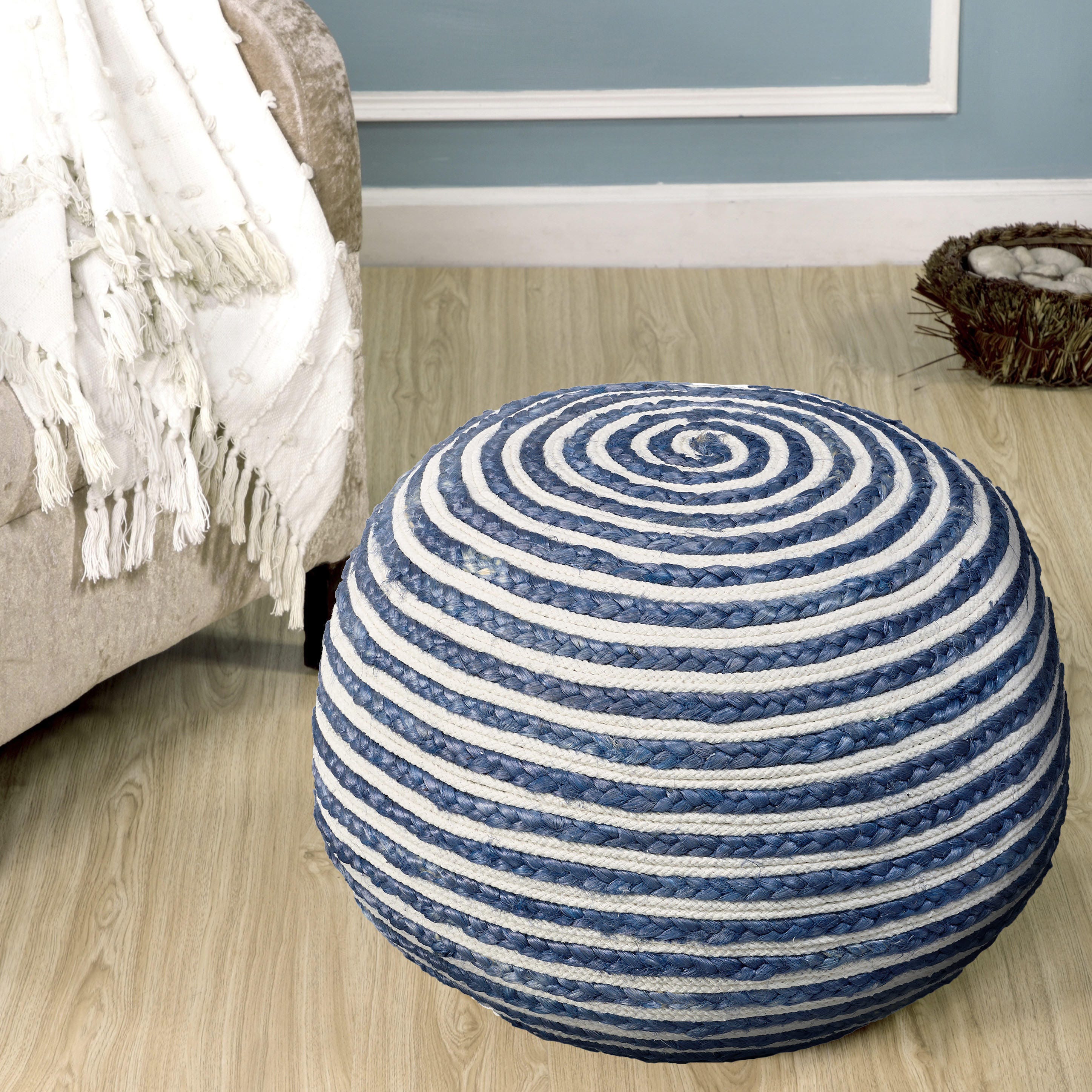 Serena Striped Braided Pouf, Blue, large
