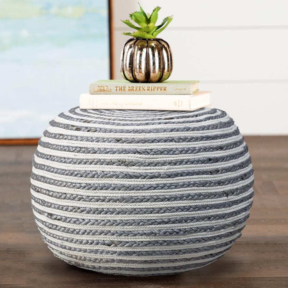 Serena Striped Braided Pouf, Gray/White, large