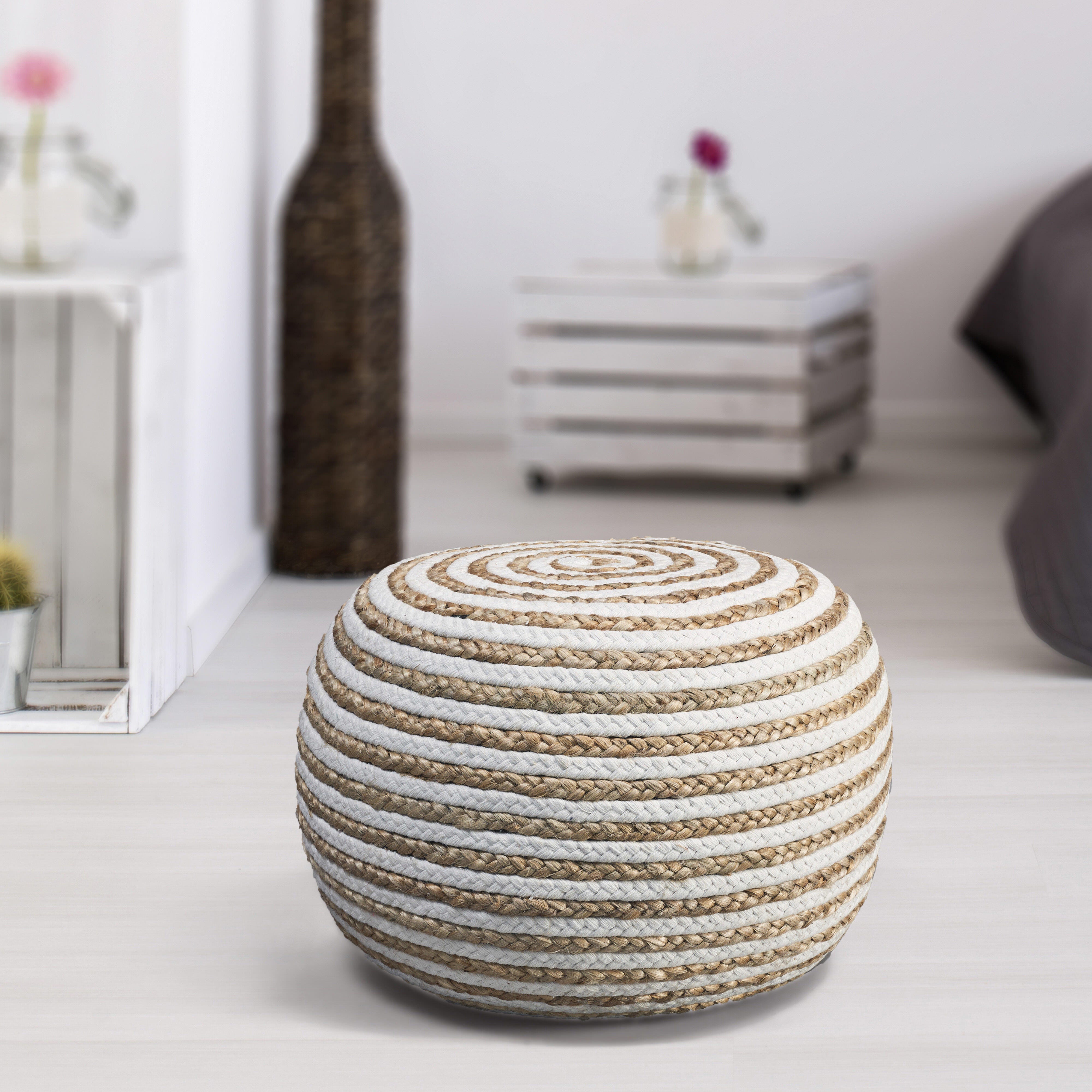 Serena Striped Braided Pouf, White, rollover