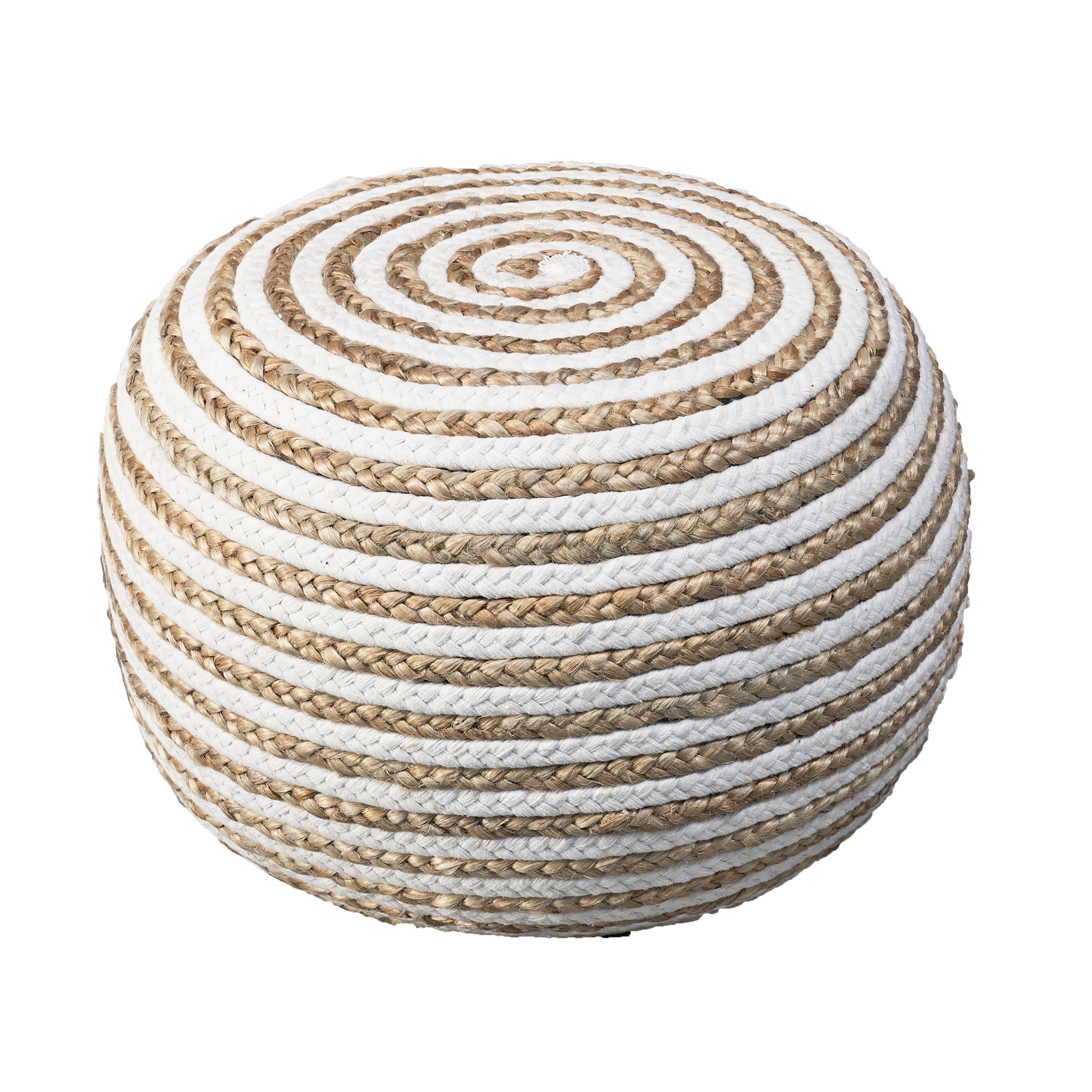 Serena Striped Braided Pouf, White, large