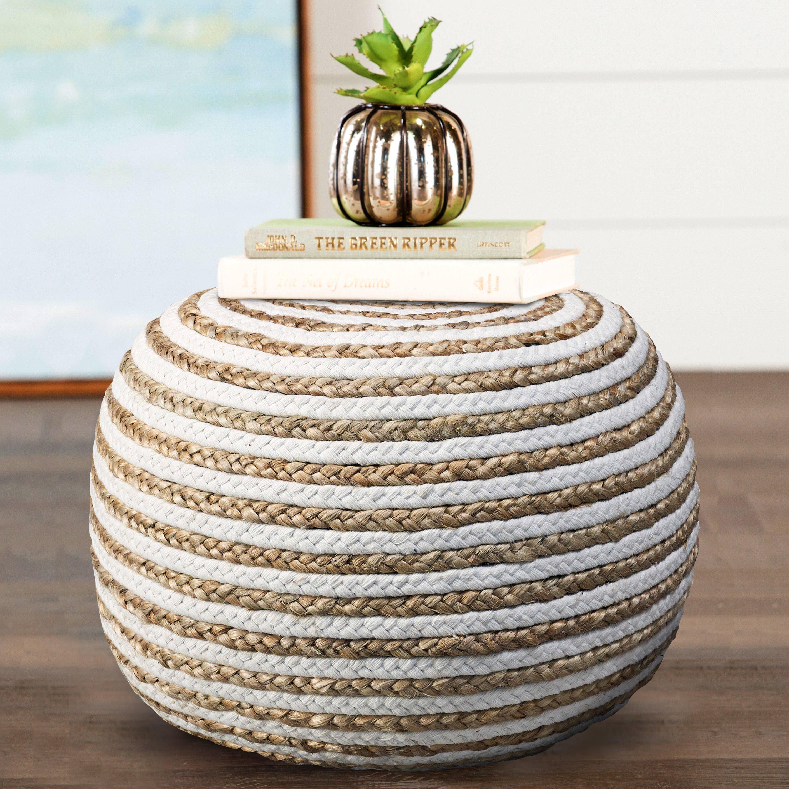 Serena Striped Braided Pouf, White, large