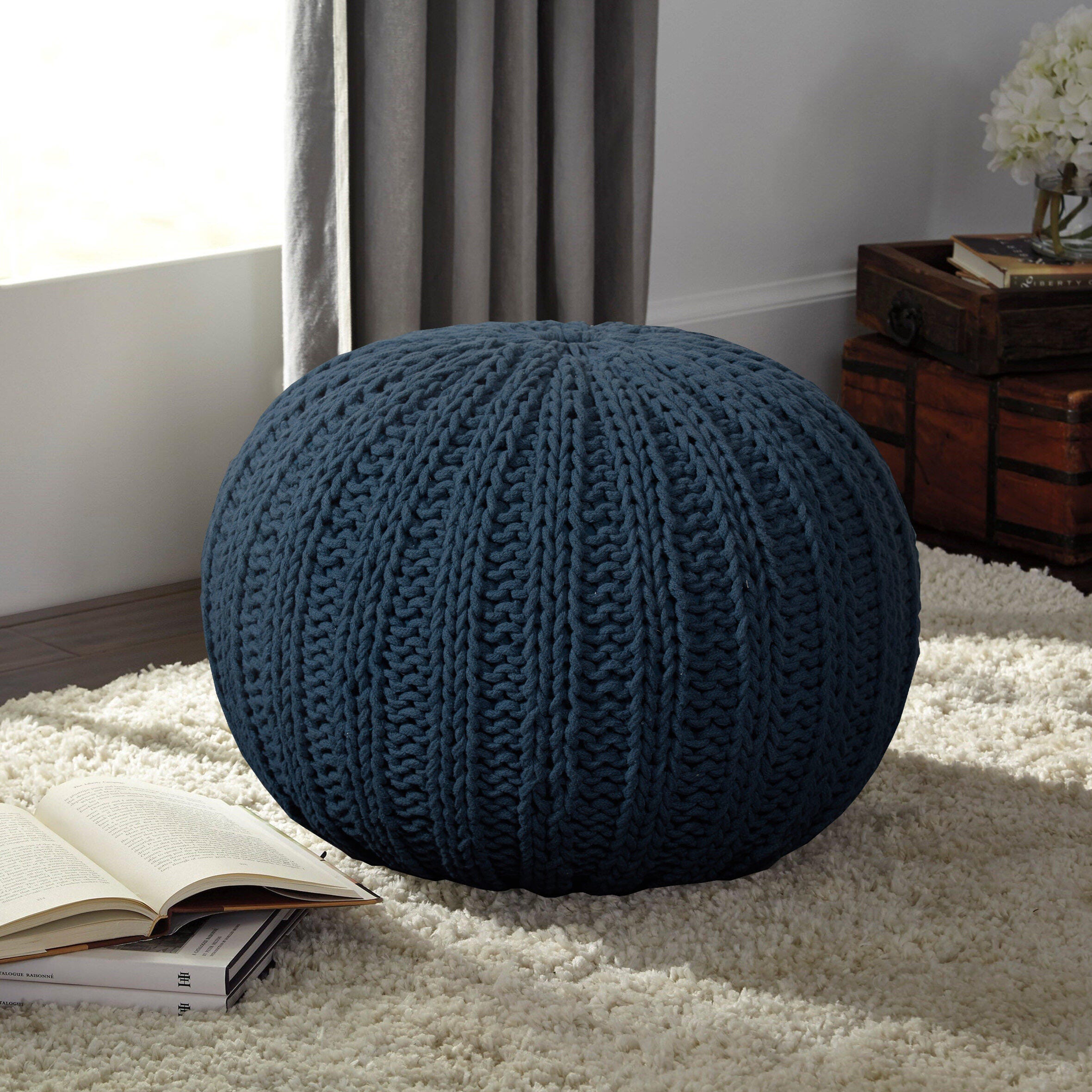 Celtic Cableknit Pouf, Navy, large