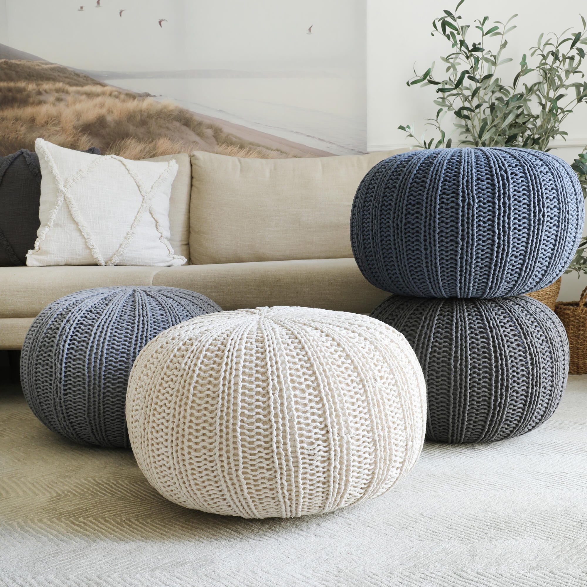 Celtic Cableknit Pouf, Navy, large