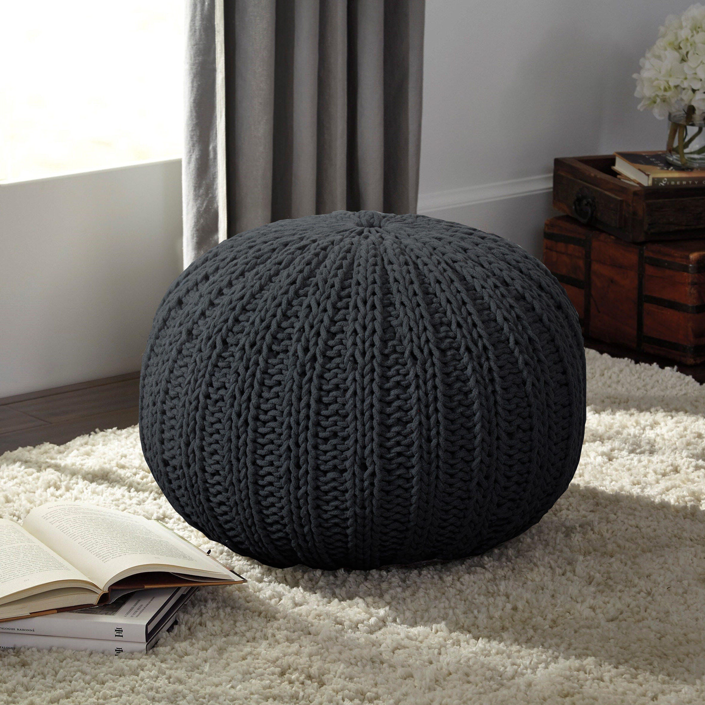 Celtic Cableknit Pouf, Charcoal, large