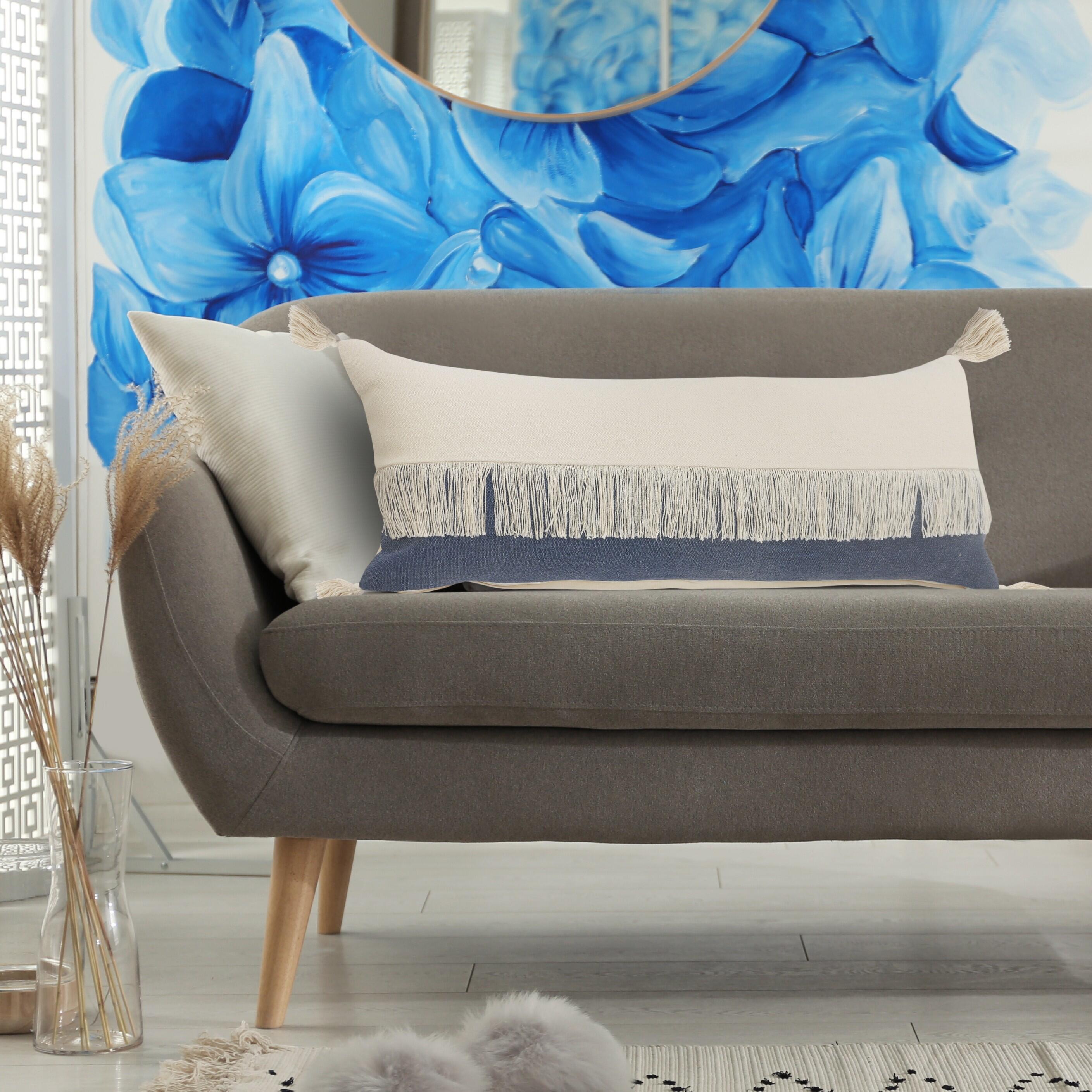 Suvii Home Clara Lumbar Decorative Throw Pillow, Denim Blue/Off-White, large