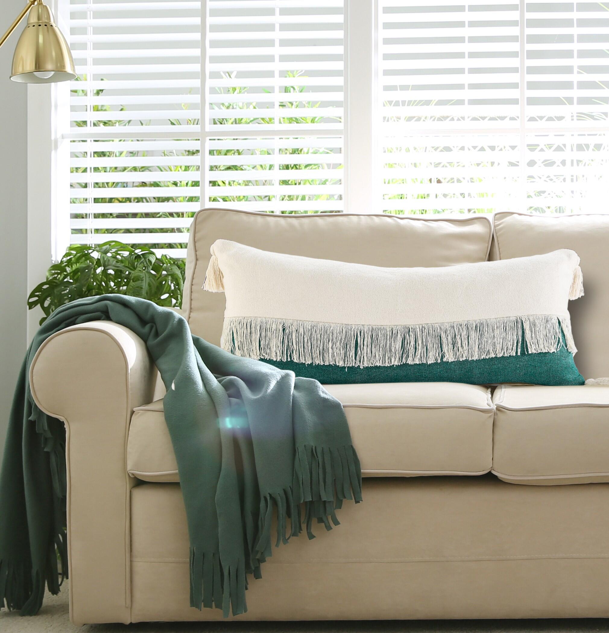 Suvii Home Clara Lumbar Decorative Throw Pillow, Emerald Green/Off-White, large