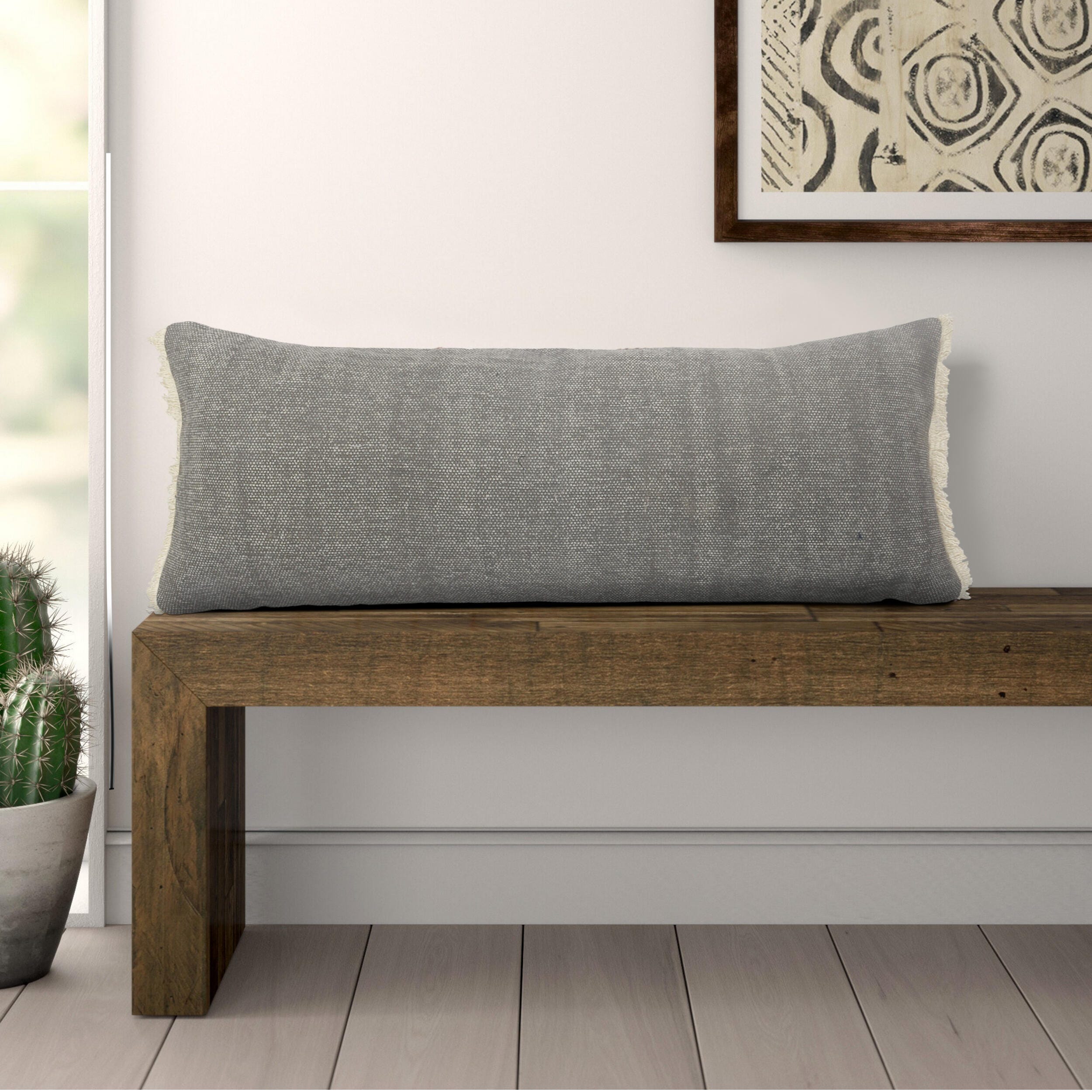 Suvii Home Athena Lumbar Fringed Decorative Throw Pillow, Gray, rollover