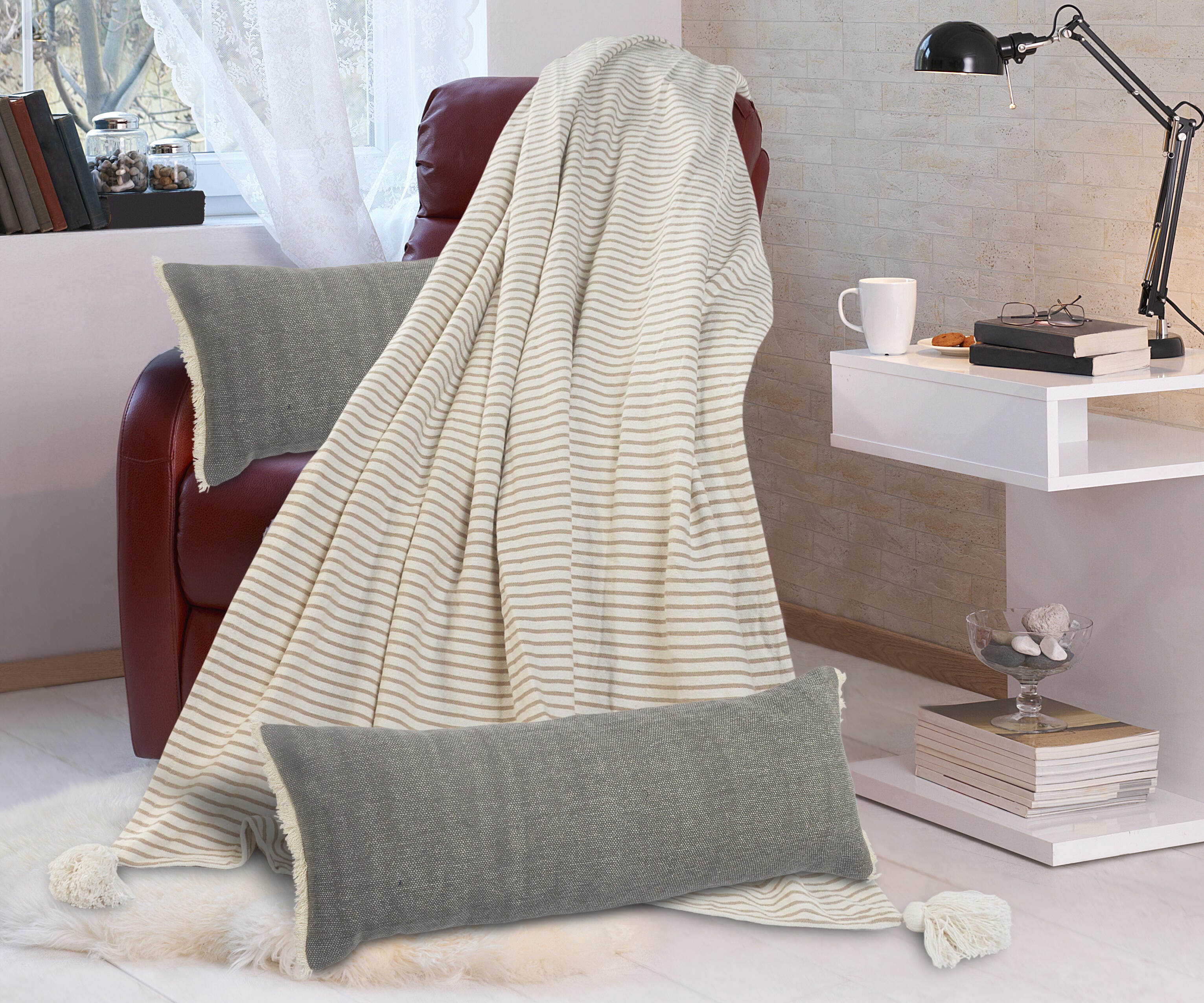 Suvii Home Athena Lumbar Fringed Decorative Throw Pillow, Gray, large