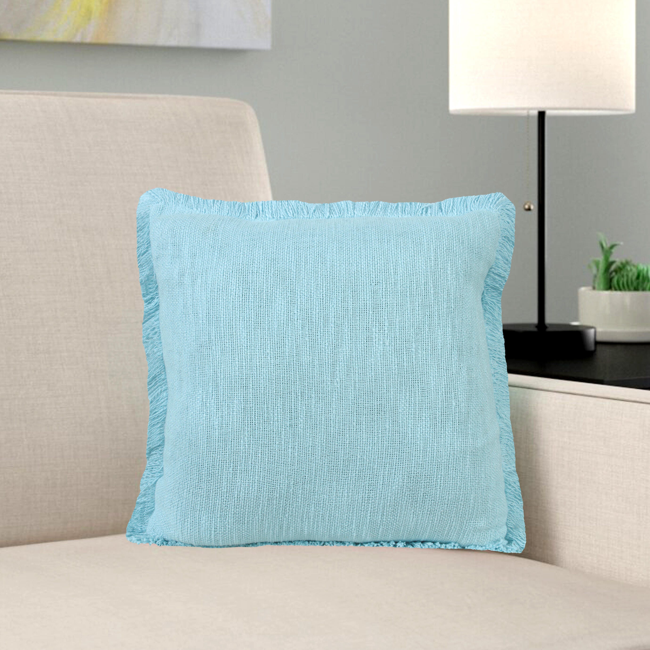 Suvii Home Athena Fringed Decorative Throw Pillow, Bright Blue, rollover