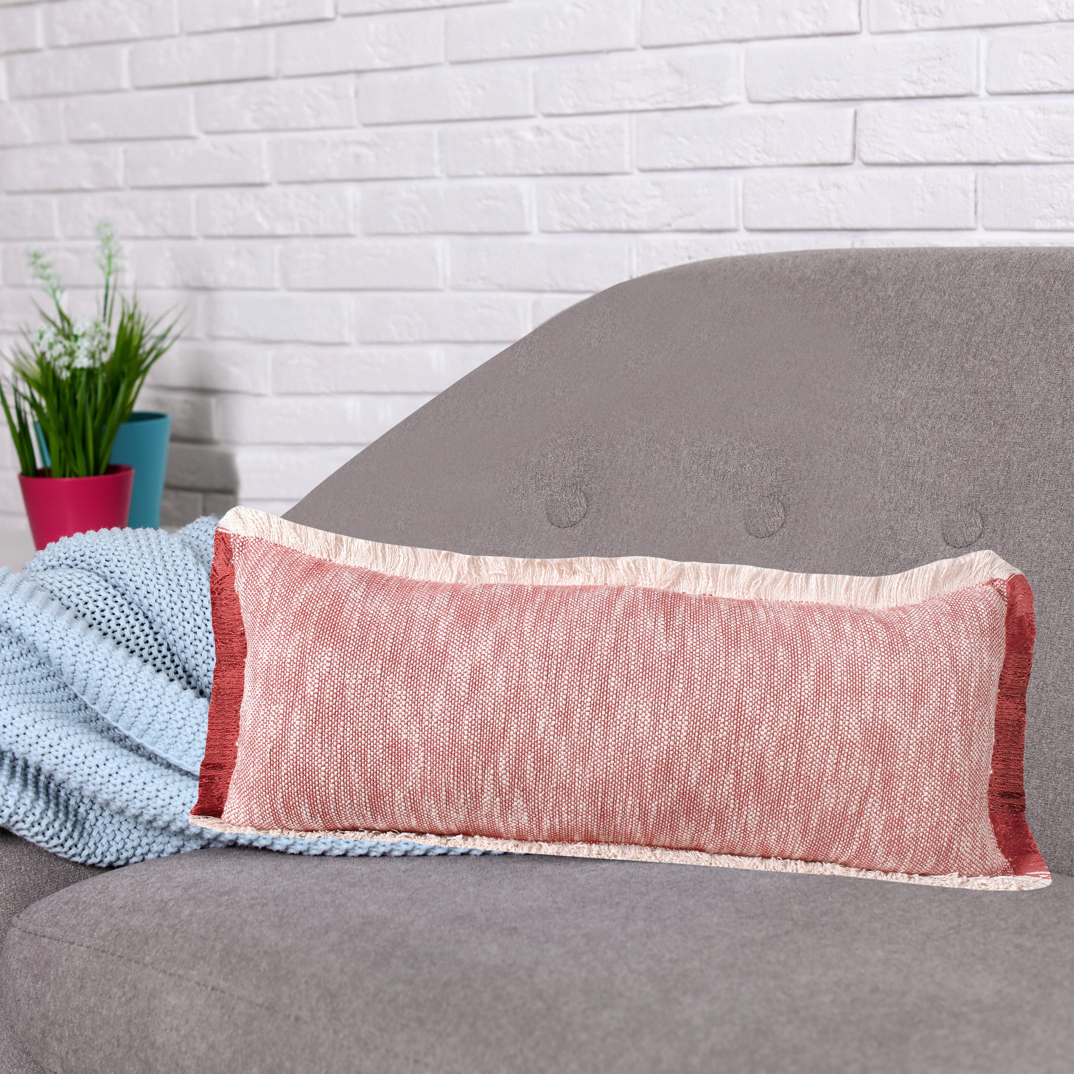 Suvii Home Athena Fringed Lumbar Decorative Throw Pillow, Auburn Red/White, large