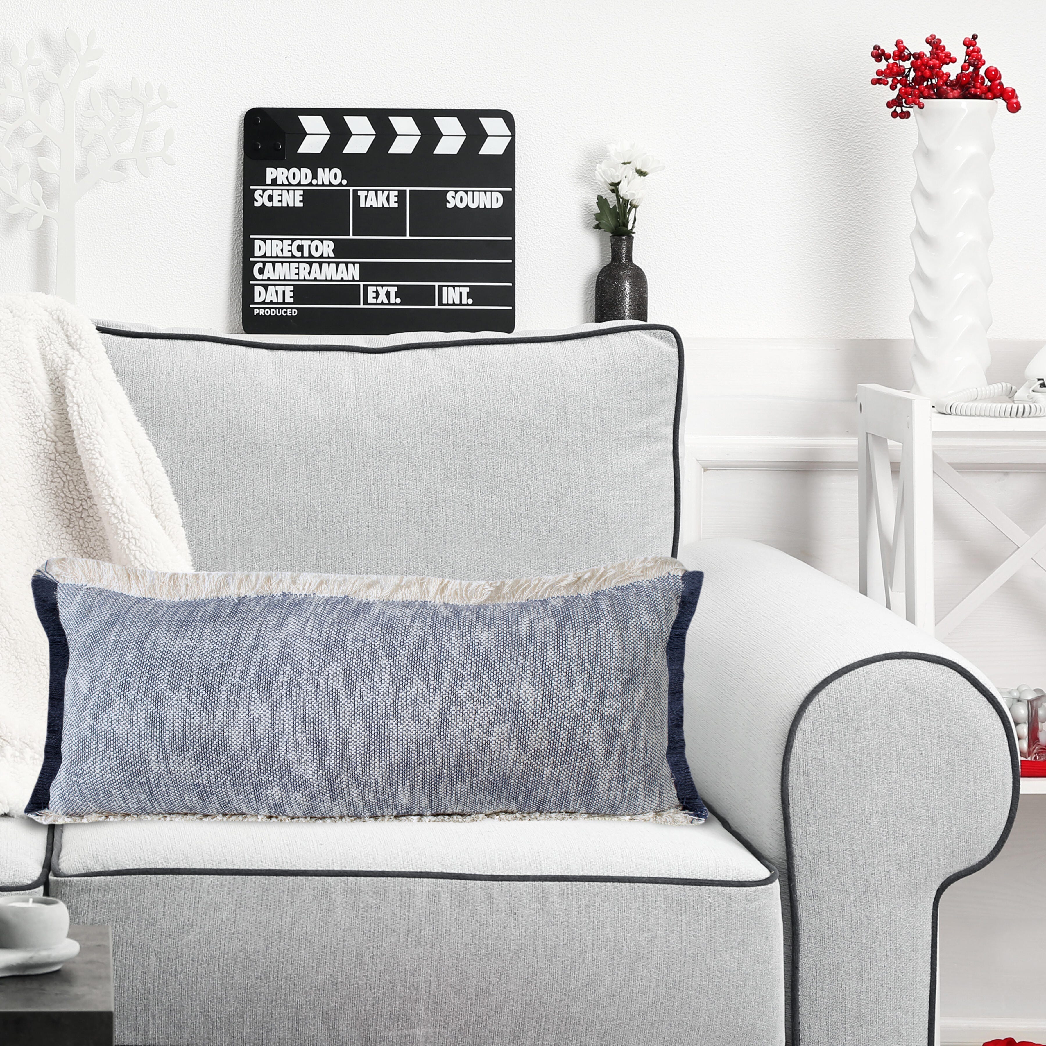 Suvii Home Athena Fringed Lumbar Decorative Throw Pillow, Navy Blue/White, rollover