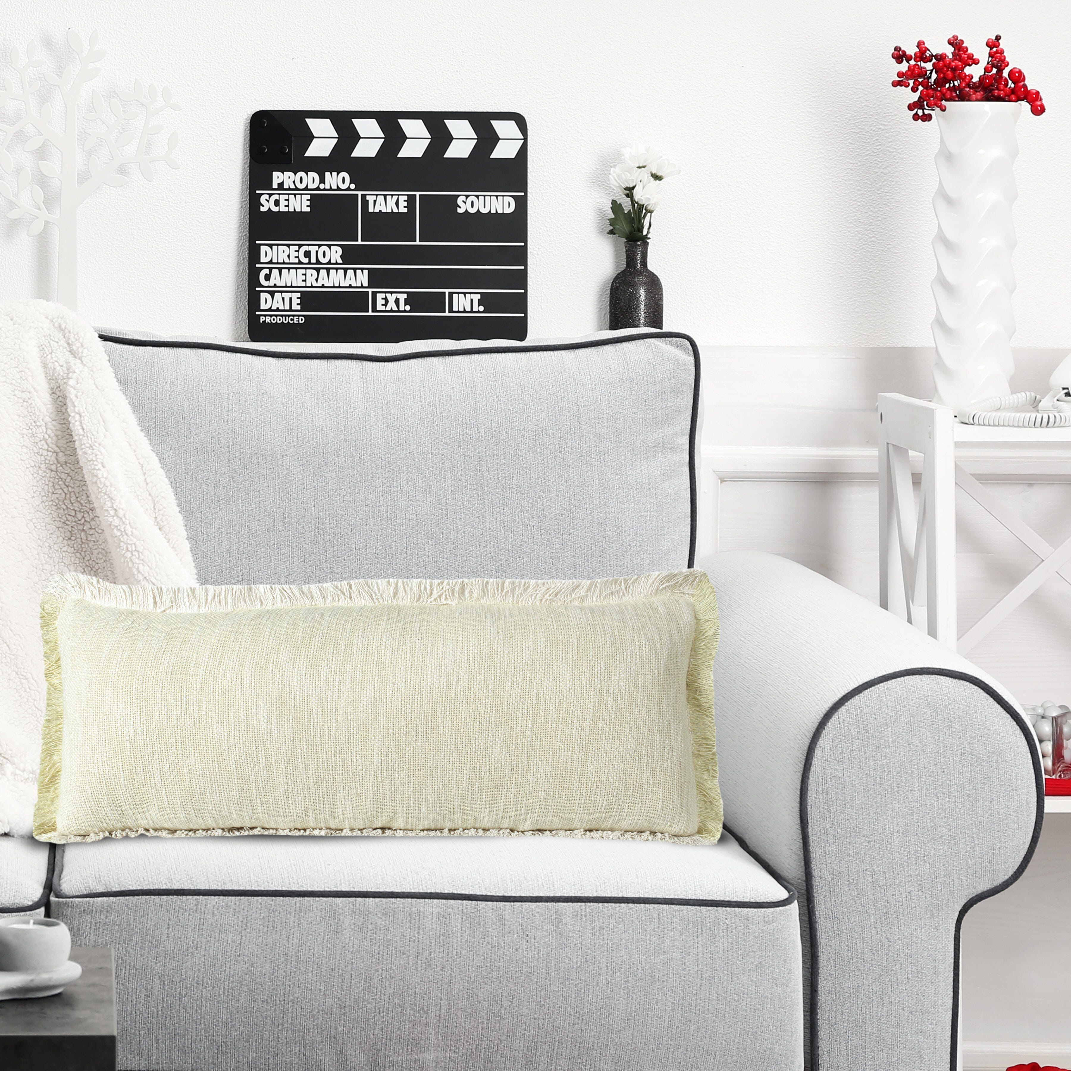 Suvii Home Athena Fringed Lumbar Decorative Throw Pillow, Light Yellow/White, large