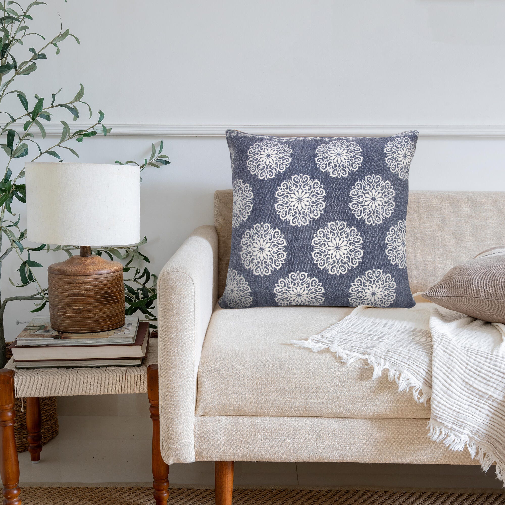 Suvii Home Evelyn Floral Decorative Throw Pillow, Dark Blue/White, large