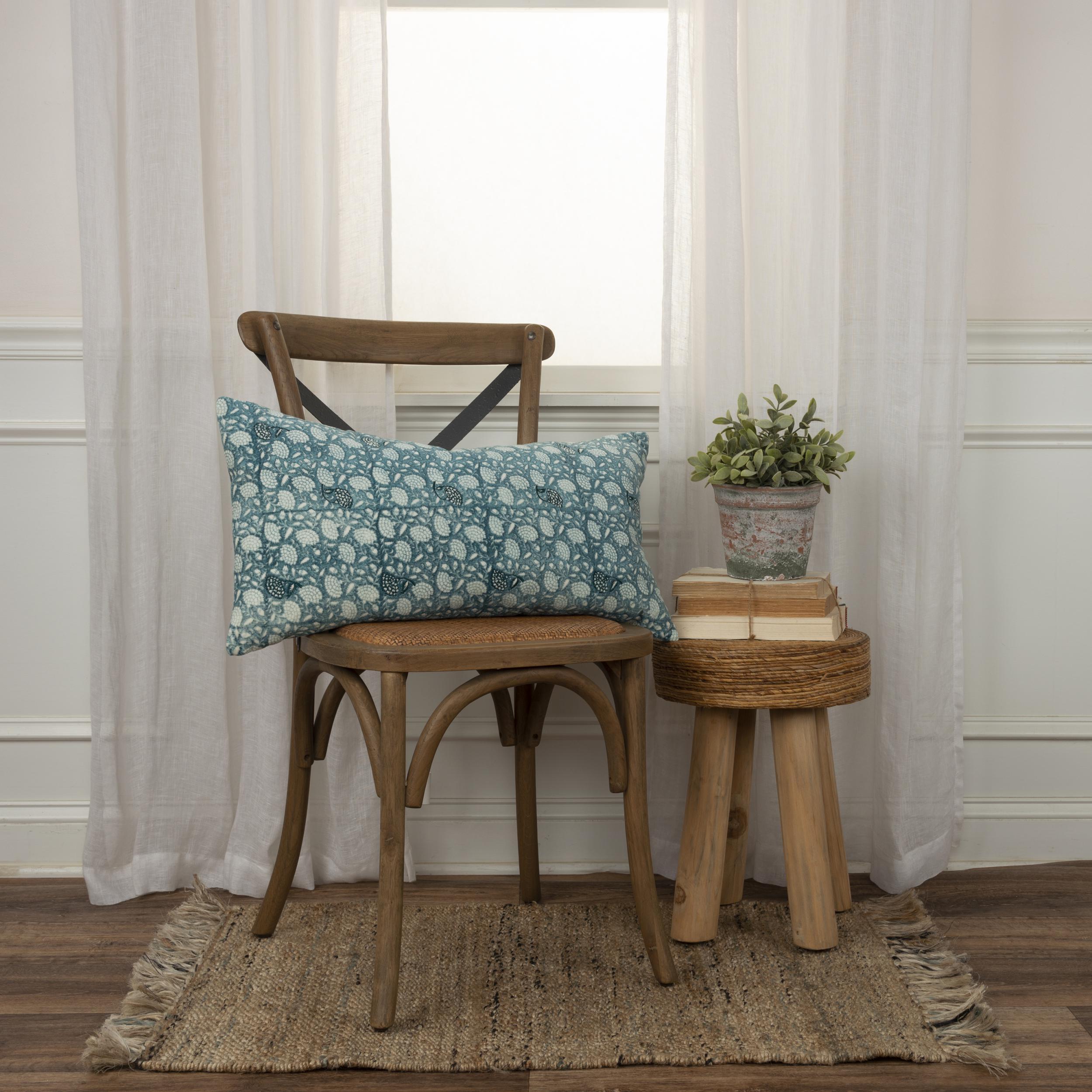 Rizzy Home Block Print Collection Botanical Decorative Throw Pillow, Teal, rollover