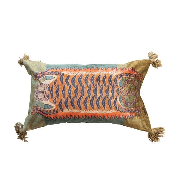 Storied Home Tiger Lumbar Pillow with Tassels, , large