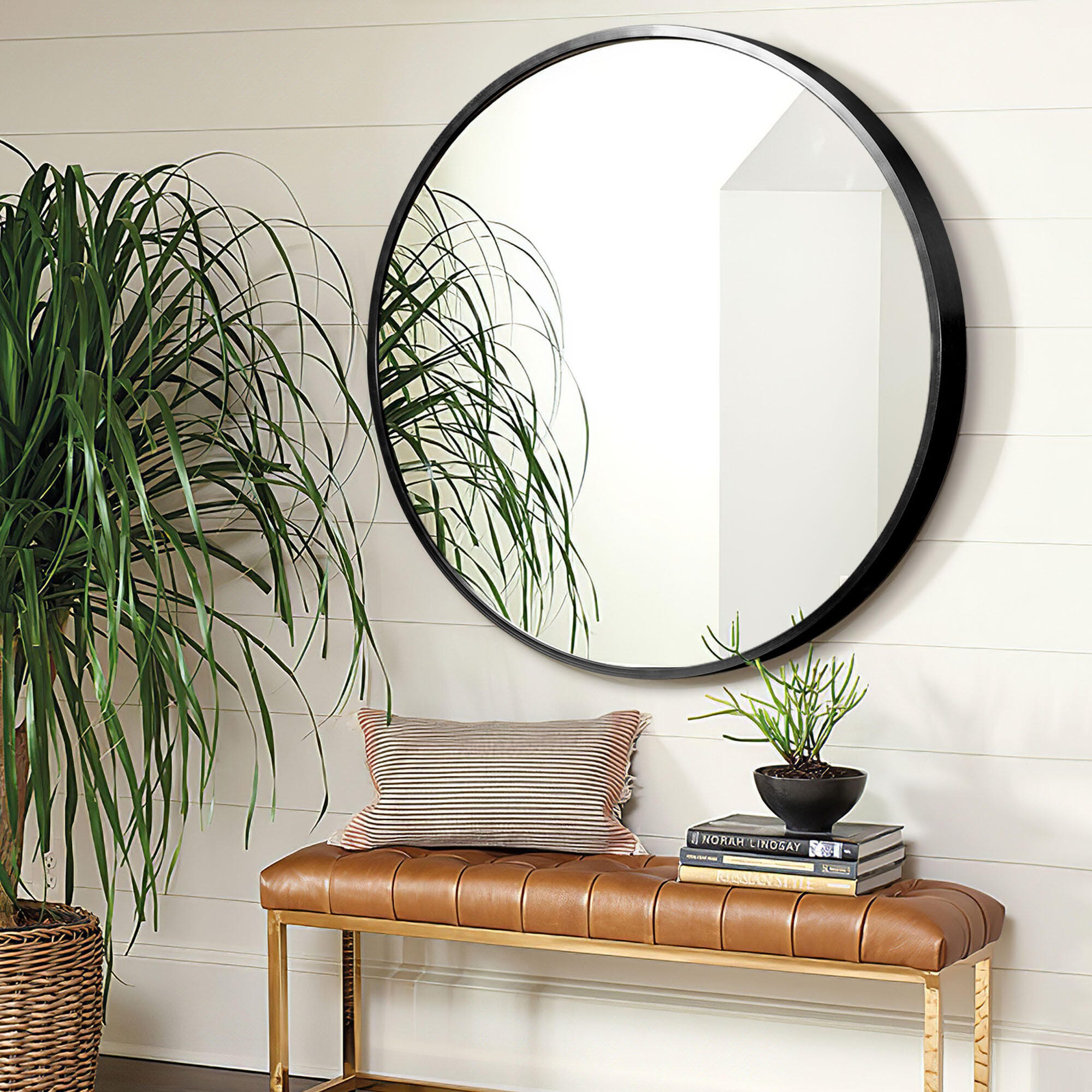 Dulcea Large Classic Round Accent Mirror, Black, large