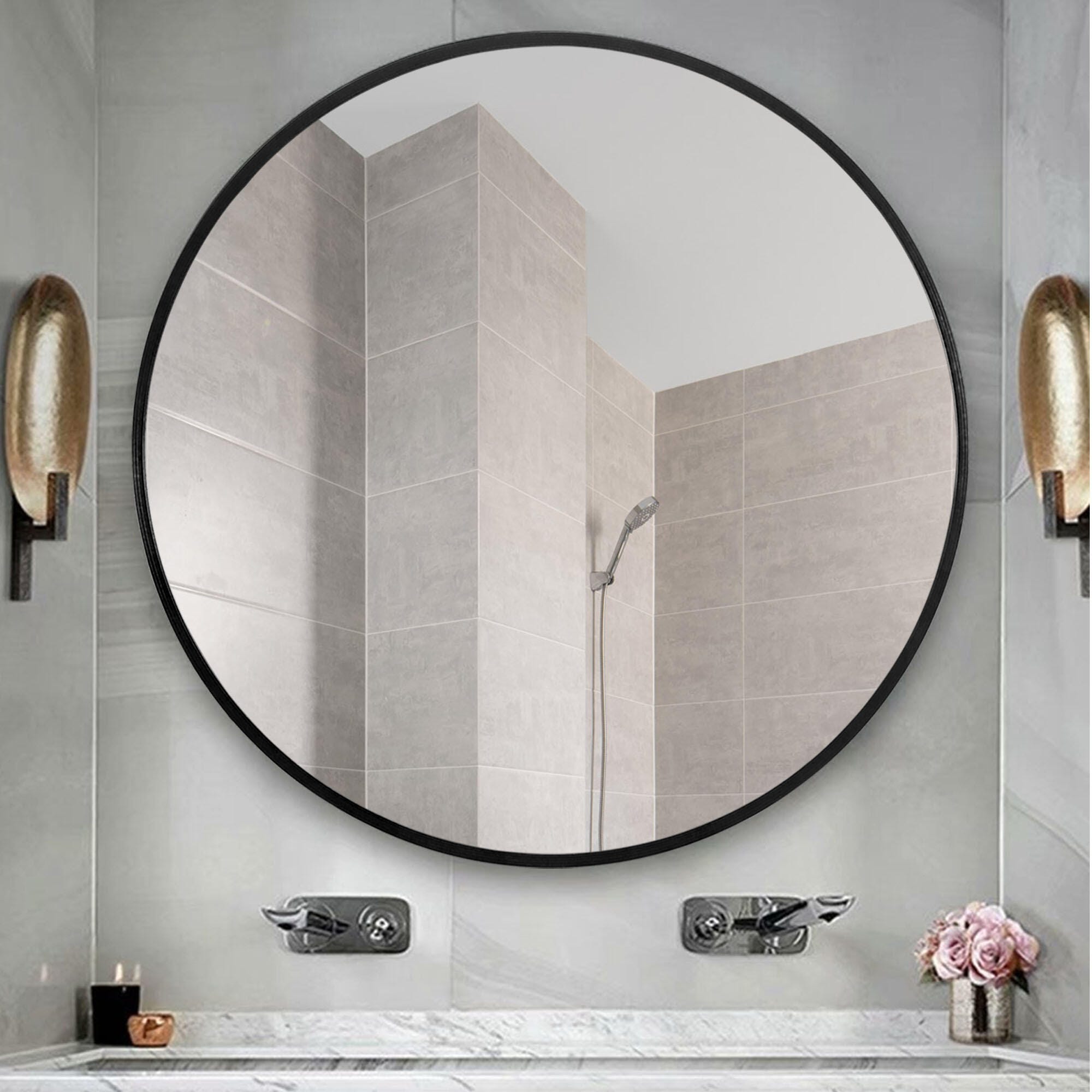 Dulcea Large Classic Round Accent Mirror, Black, large