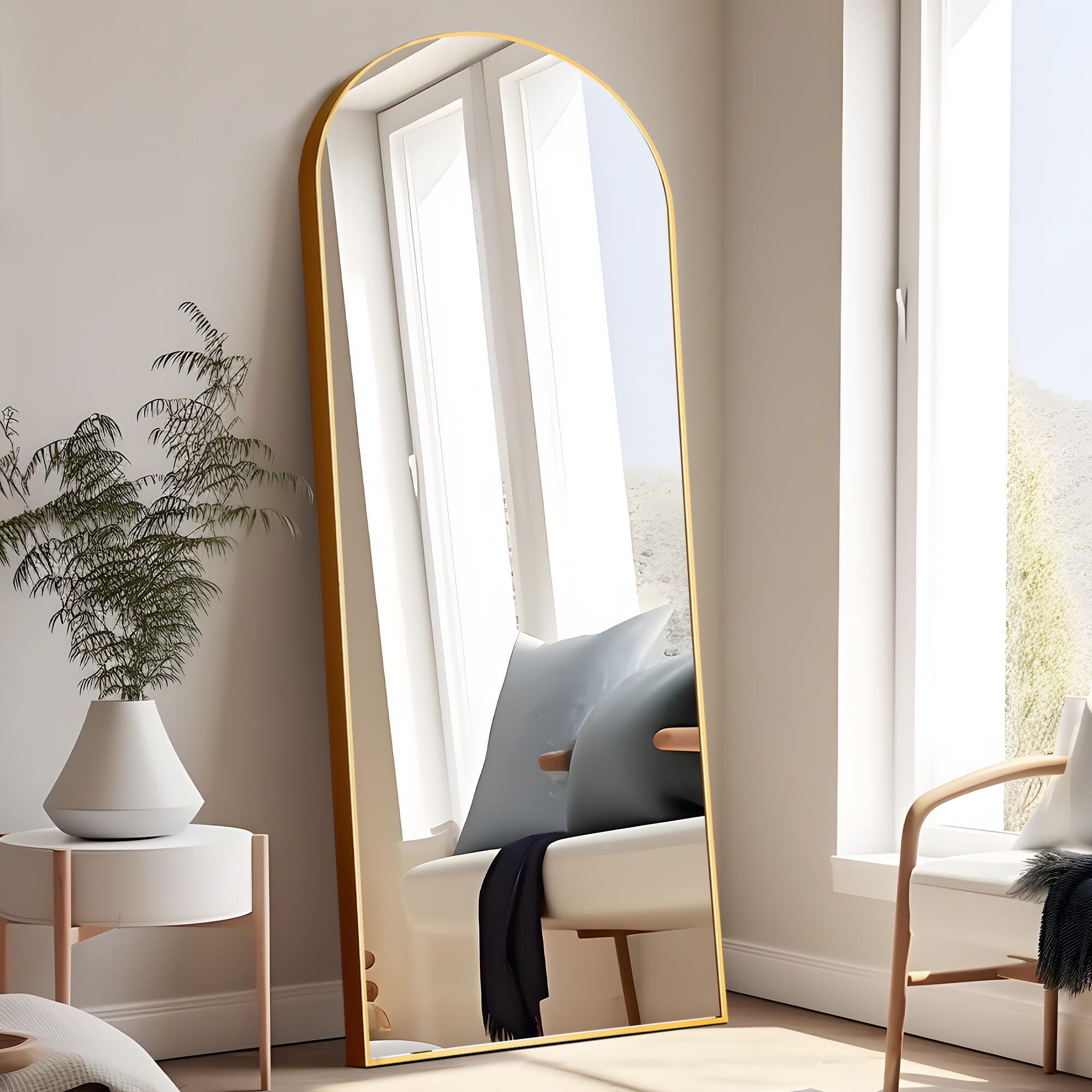 Dulcea Large Full Length Arched Free Standing Body Mirror, Gold, large