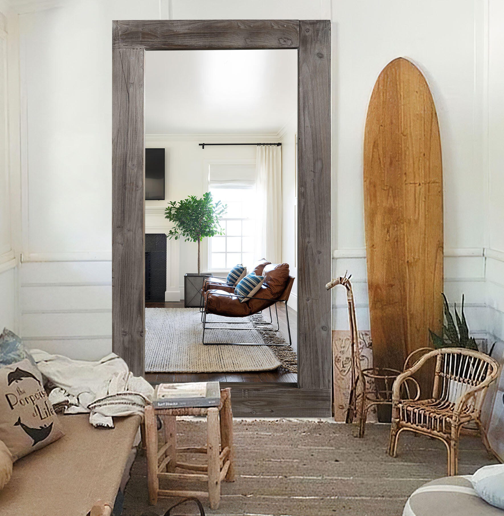 Dulcea Rectangular Framed Full Length Leaning Mirror, Gray, large