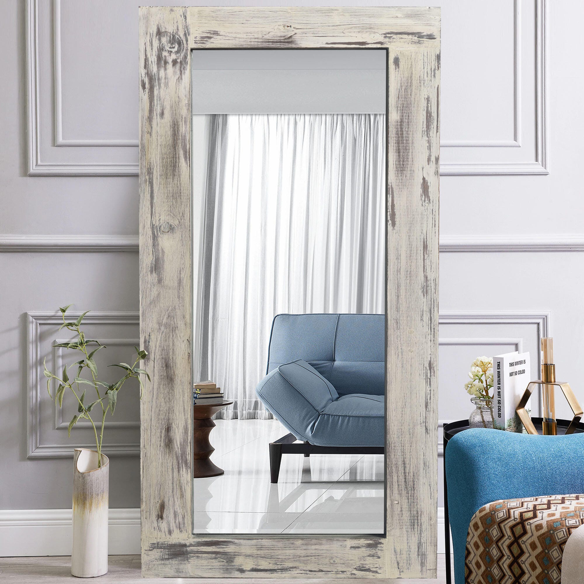 Dulcea Rectangular Framed Full Length Leaning Mirror, Weathered White, large