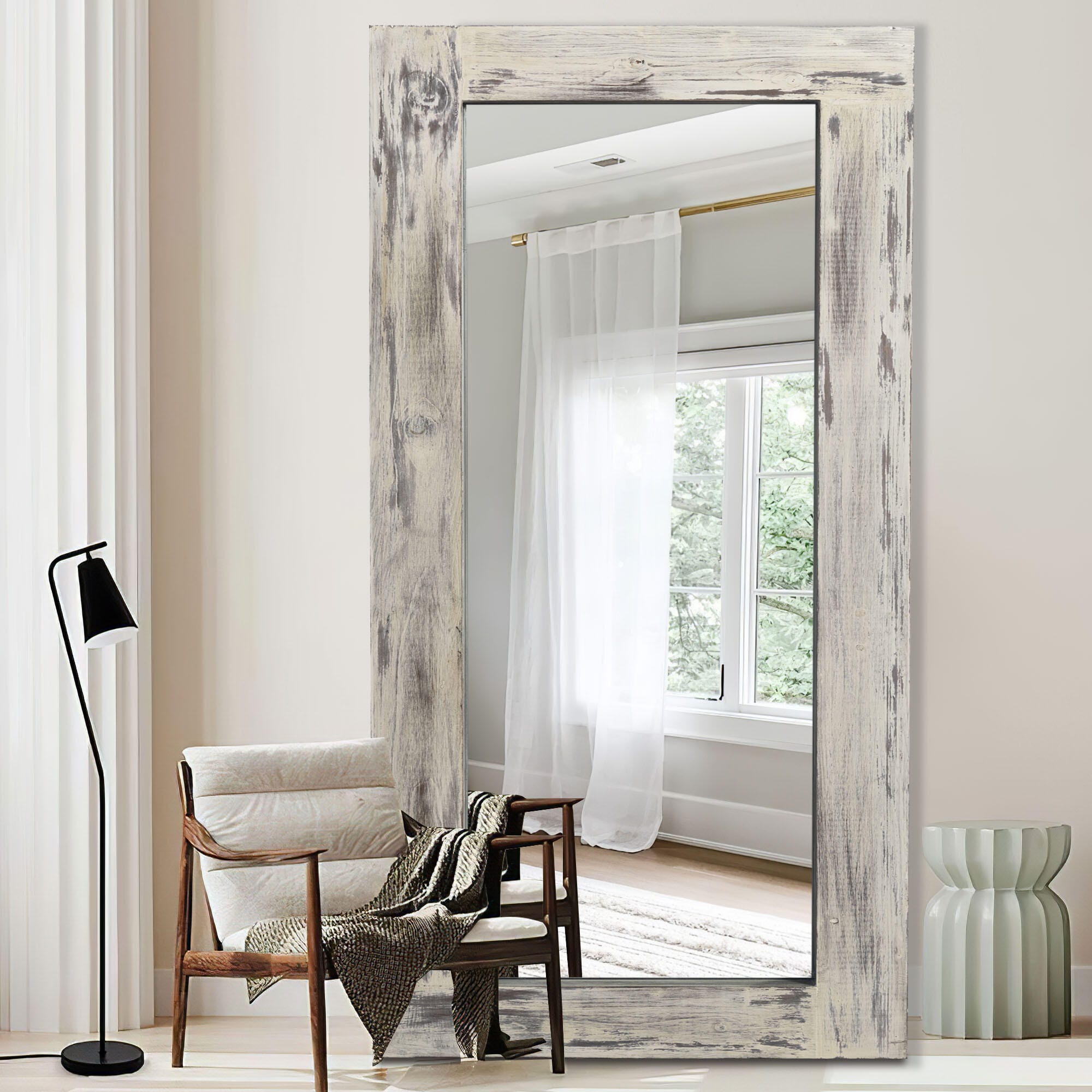 Dulcea Rectangular Framed Full Length Leaning Mirror, Weathered White, large