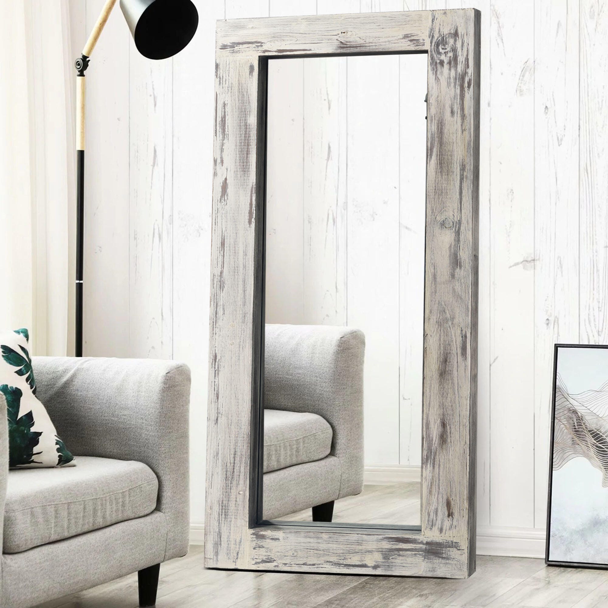 Dulcea Rectangular Framed Full Length Leaning Mirror, Weathered White, large