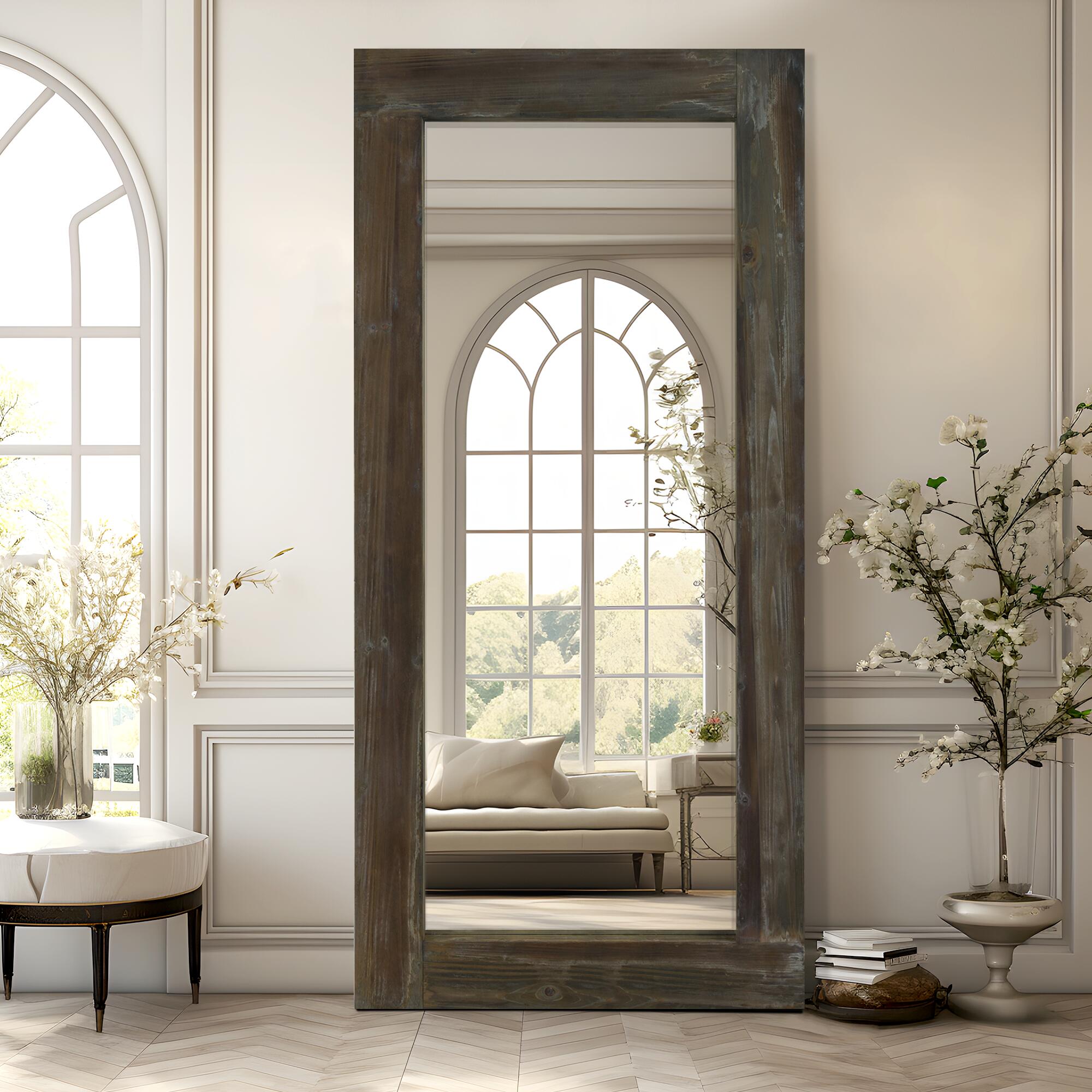 Dulcea Rectangular Framed Full Length Leaning Mirror, Brown, large