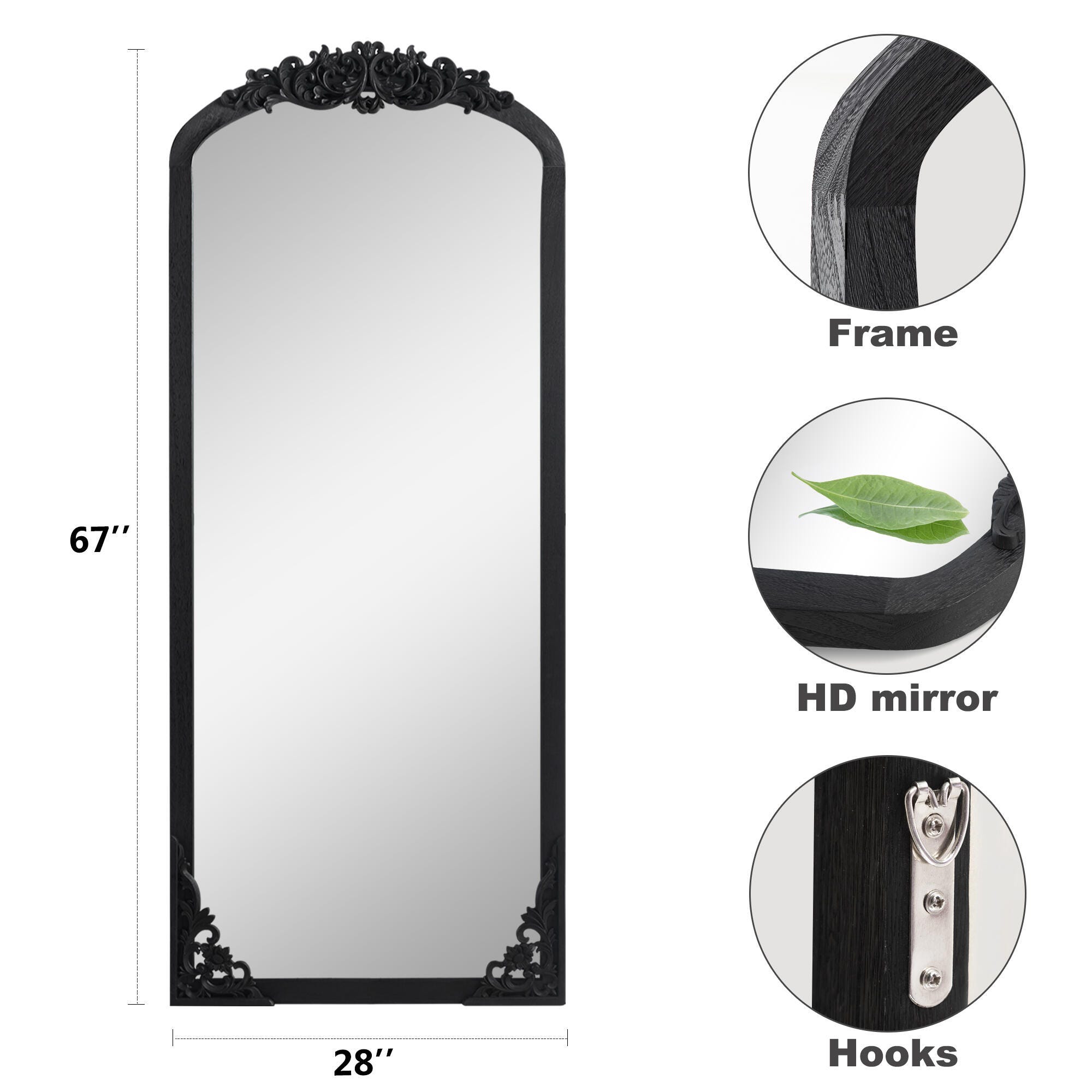 Delfina 67" Tall Carved Full Length Mirror, Black, large