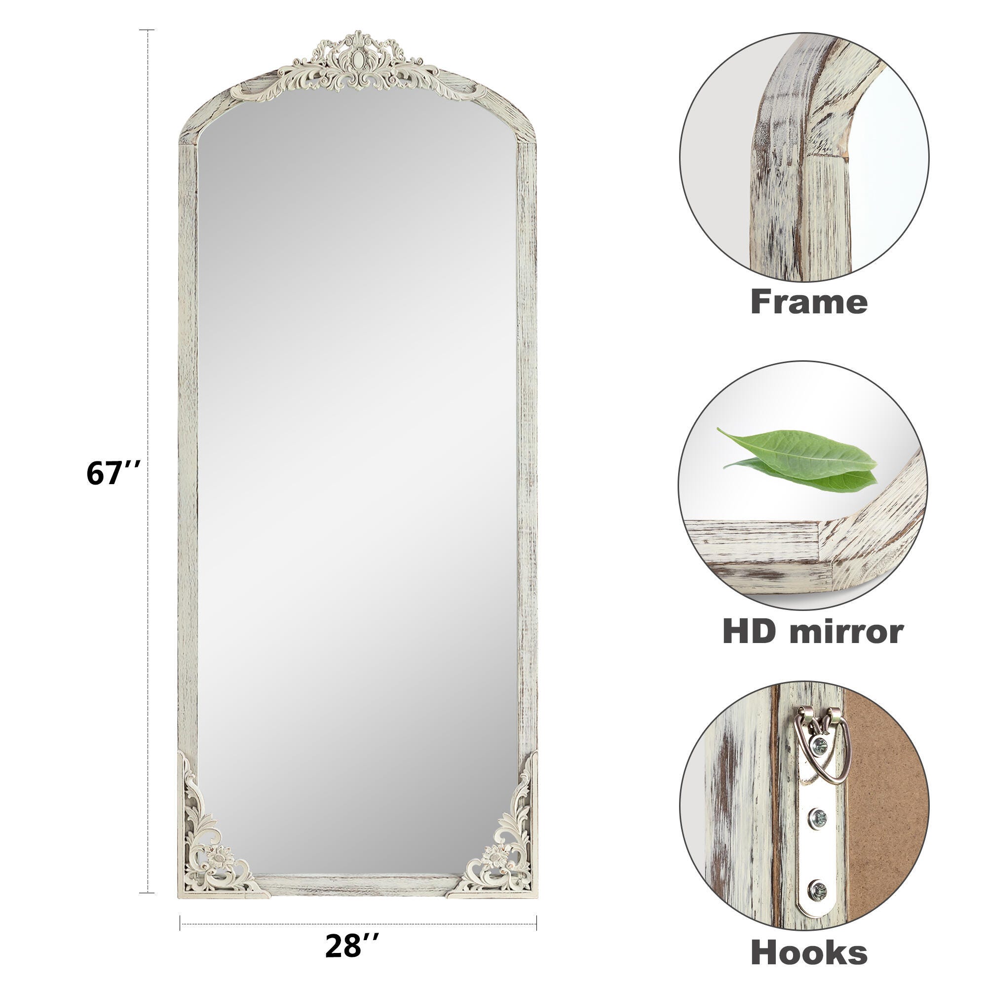 Delfina 67" Tall Carved Full Length Mirror, Weathered White, large